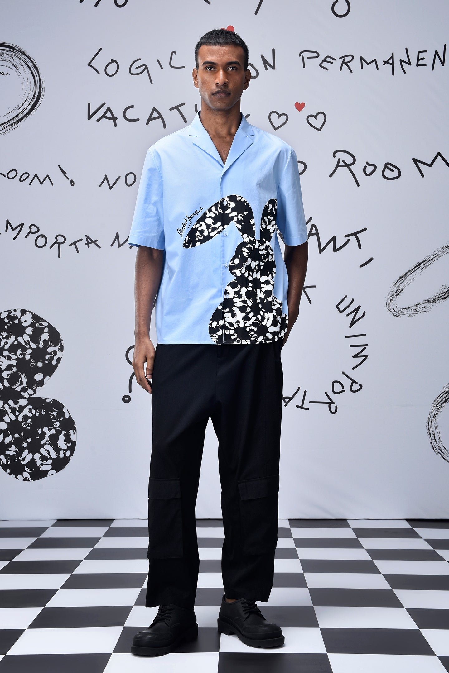 Light blue relax fit shirt for men by Stylera with black and white abstract design