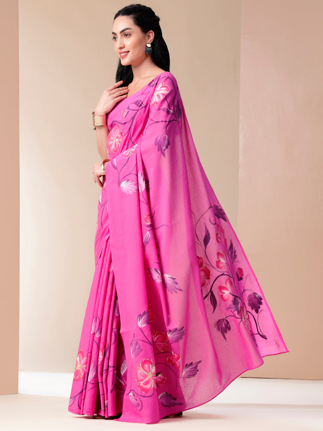 Stylera Calm Canvas floral saree in vibrant pink with exquisite floral designs