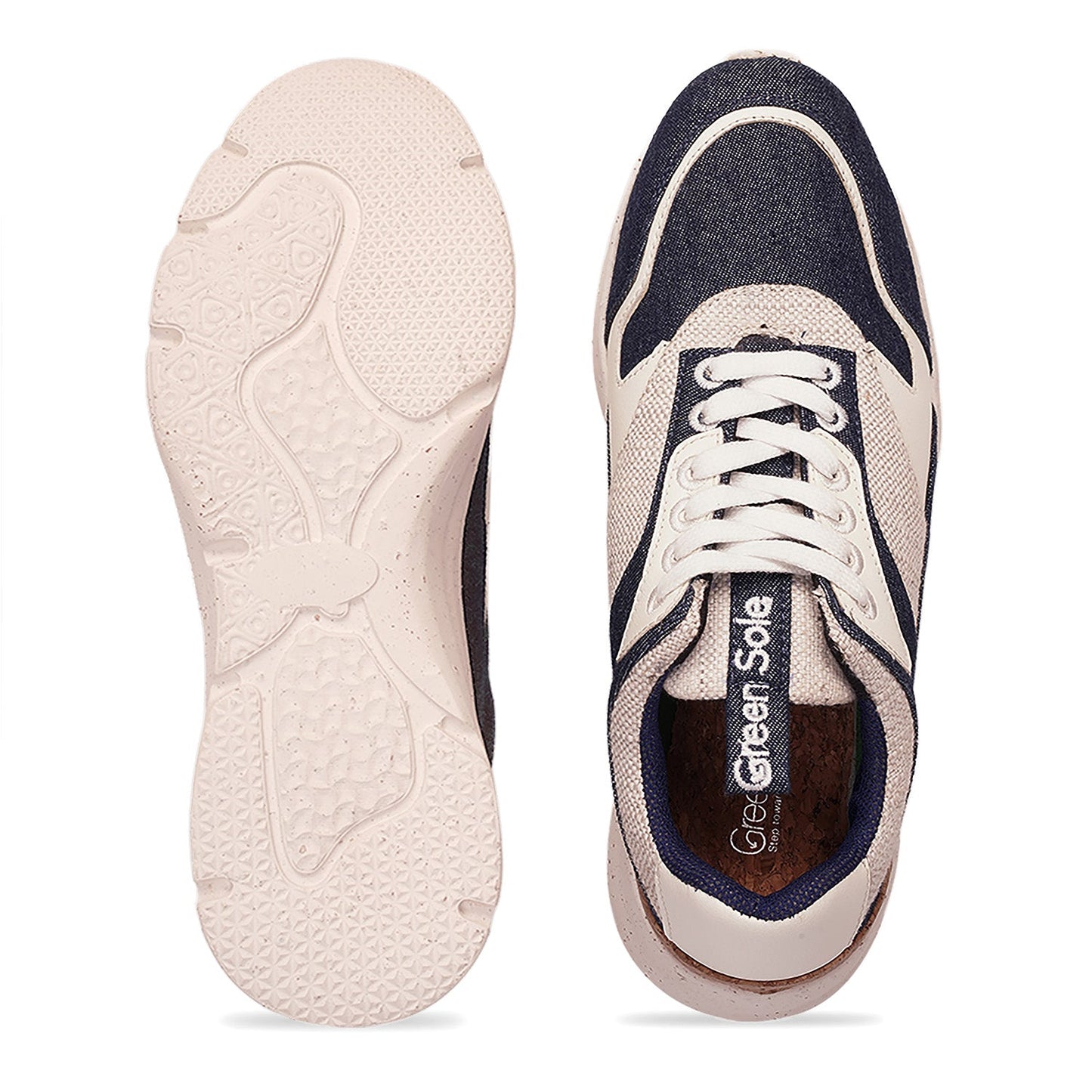 Top view of casual denim sneakers for women in navy and beige with a textured sole