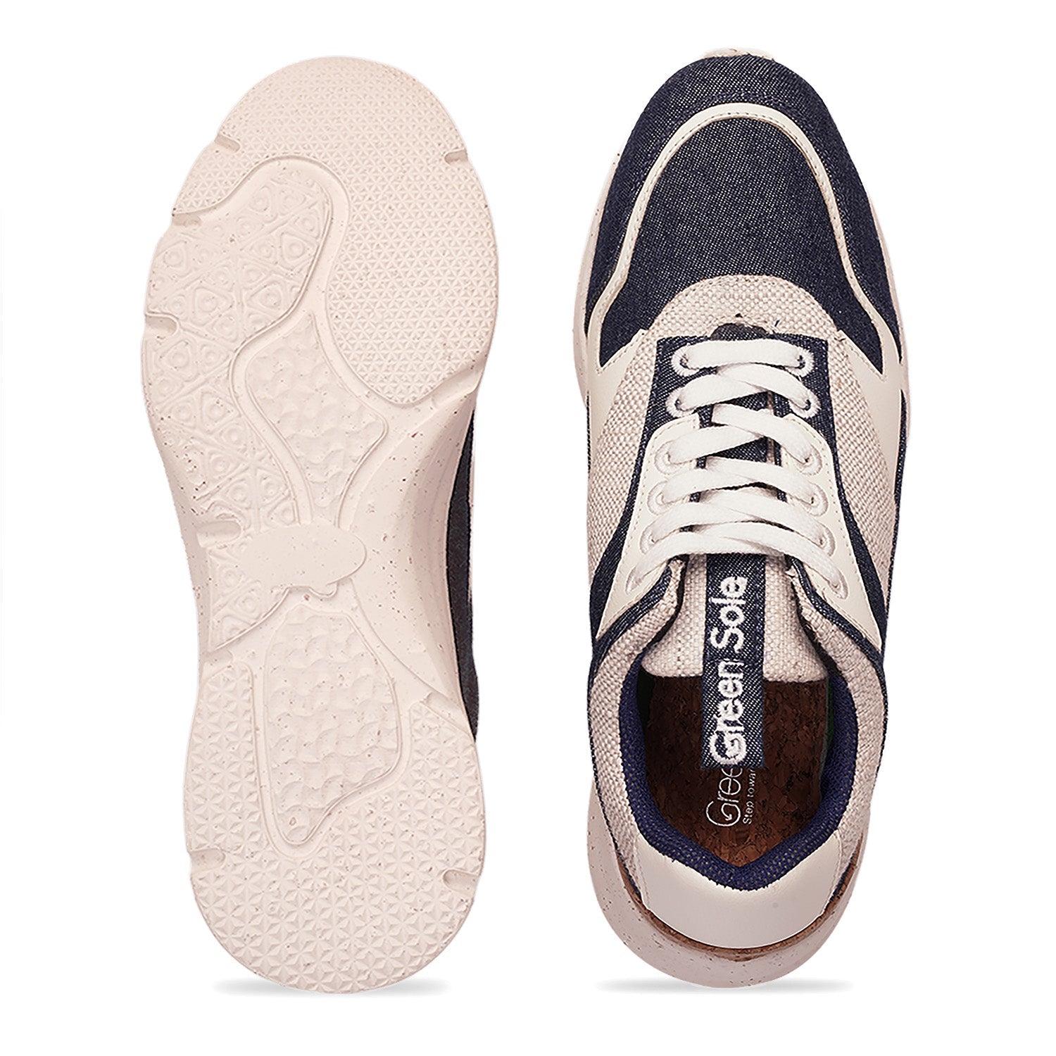 Top view of casual denim sneakers for women in navy and beige with a textured sole