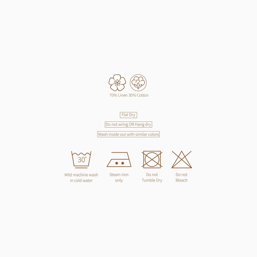 Care instructions for casual linen polo for men featuring washing, drying, and ironing guidelines