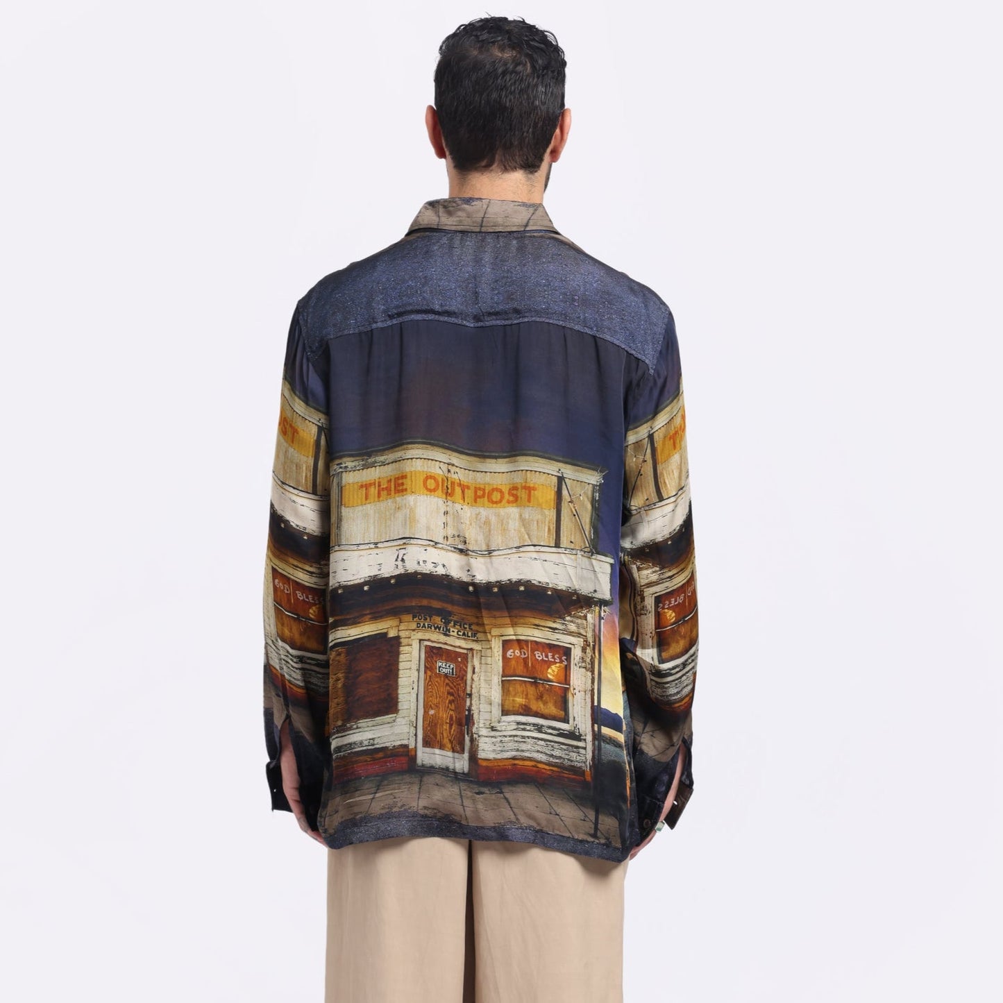 Stylera Men's Casual Statement Shirt featuring a colorful graphic design inspired by vintage storefronts