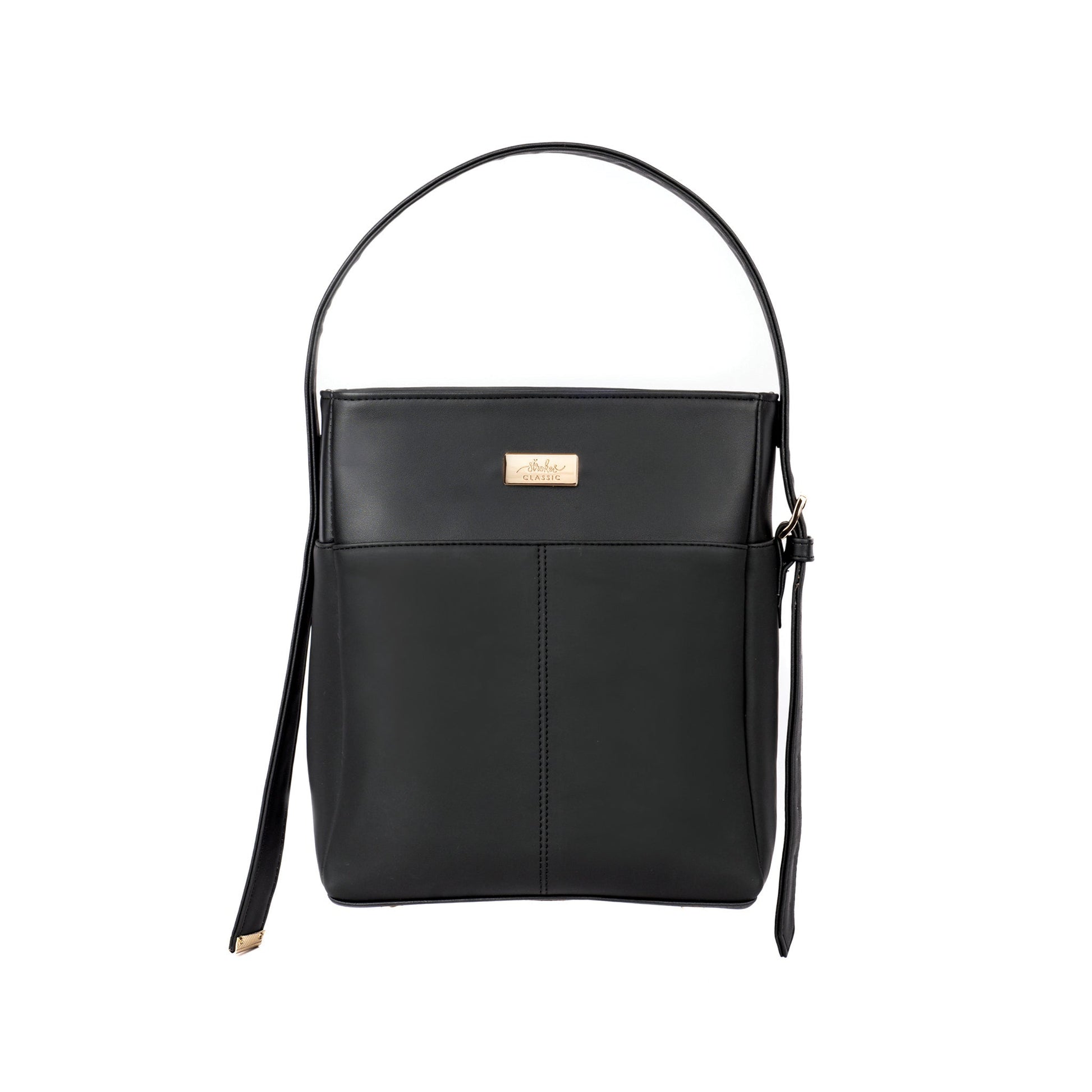 Stylera charcoal chic bucket bag with sleek design and gold accents