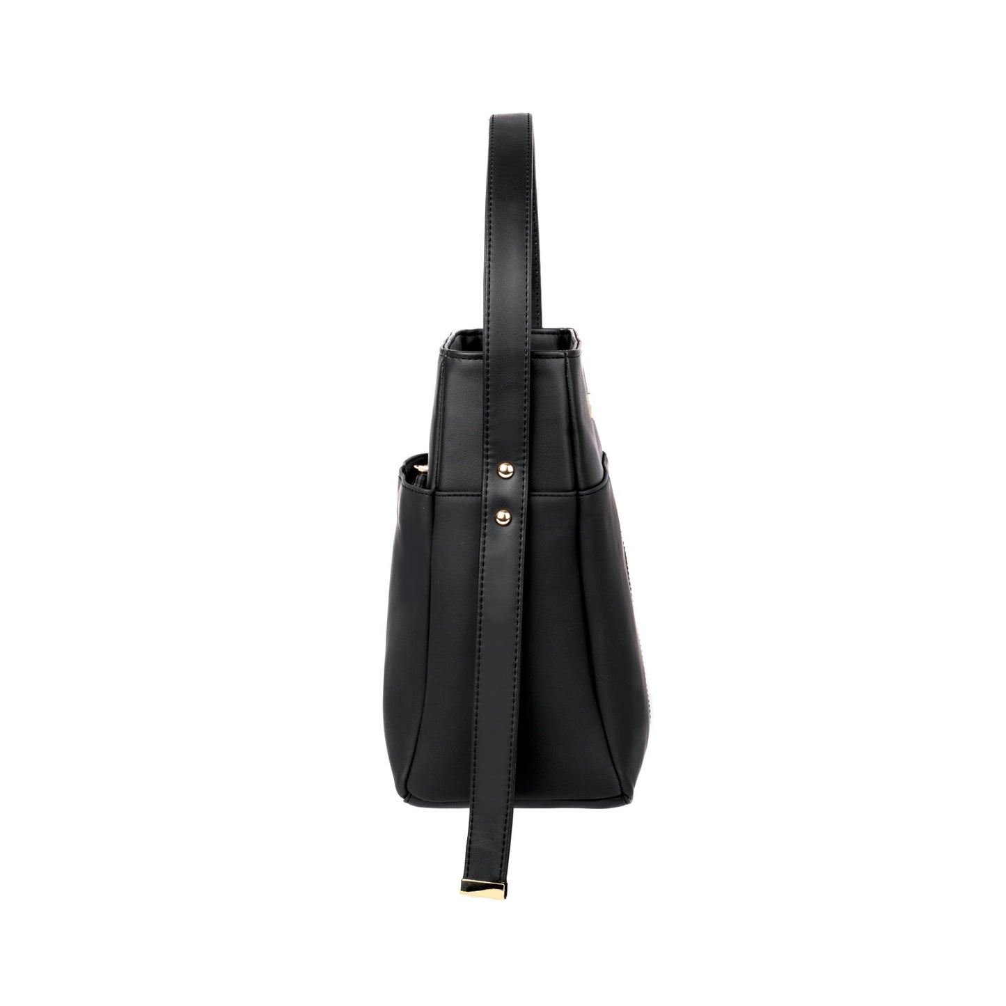 Side view of charcoal chic bucket bag by Stylera showcasing sleek design and adjustable strap