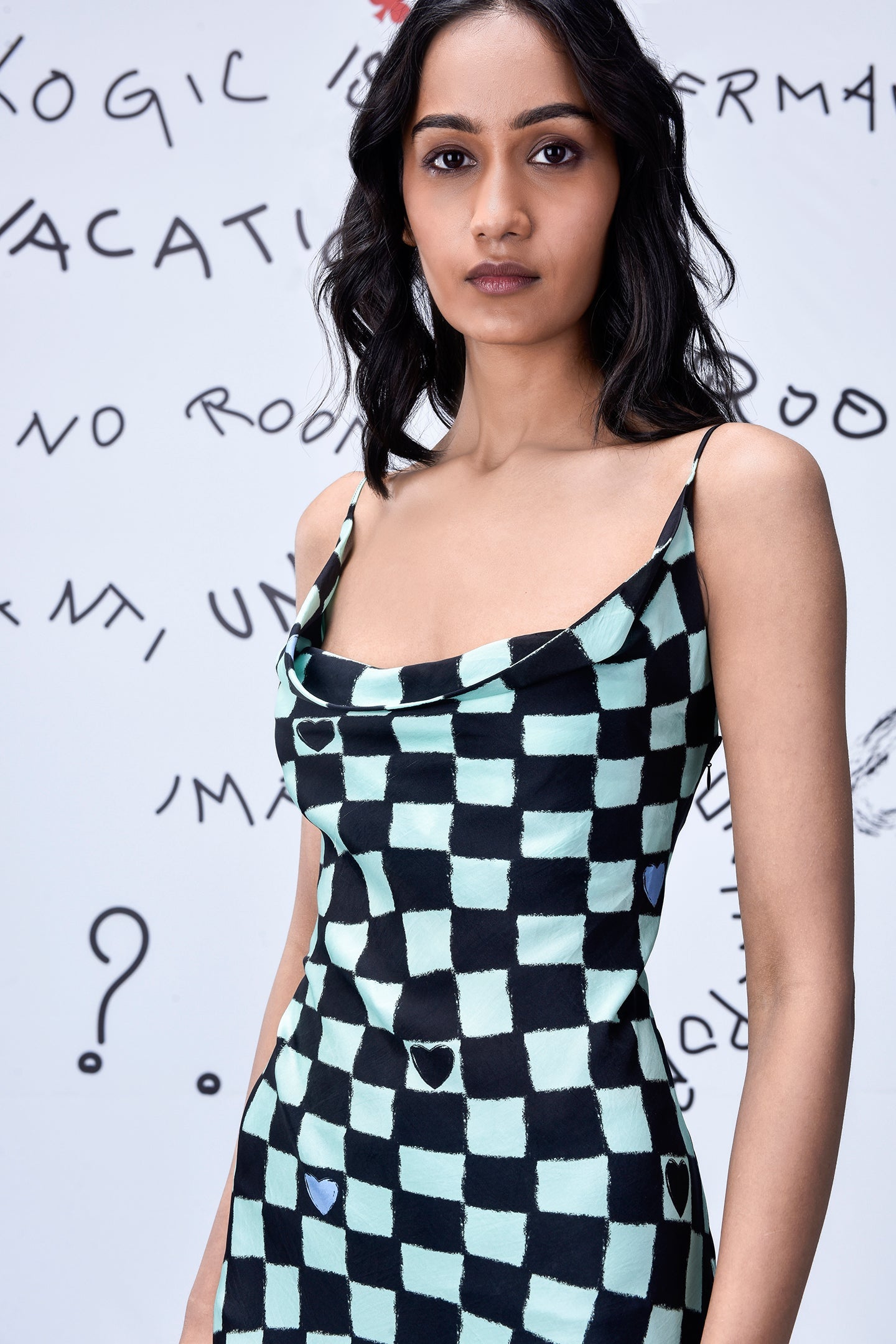 Stylera chess board cowl neck dress black and mint check with thin straps fitted silhouette