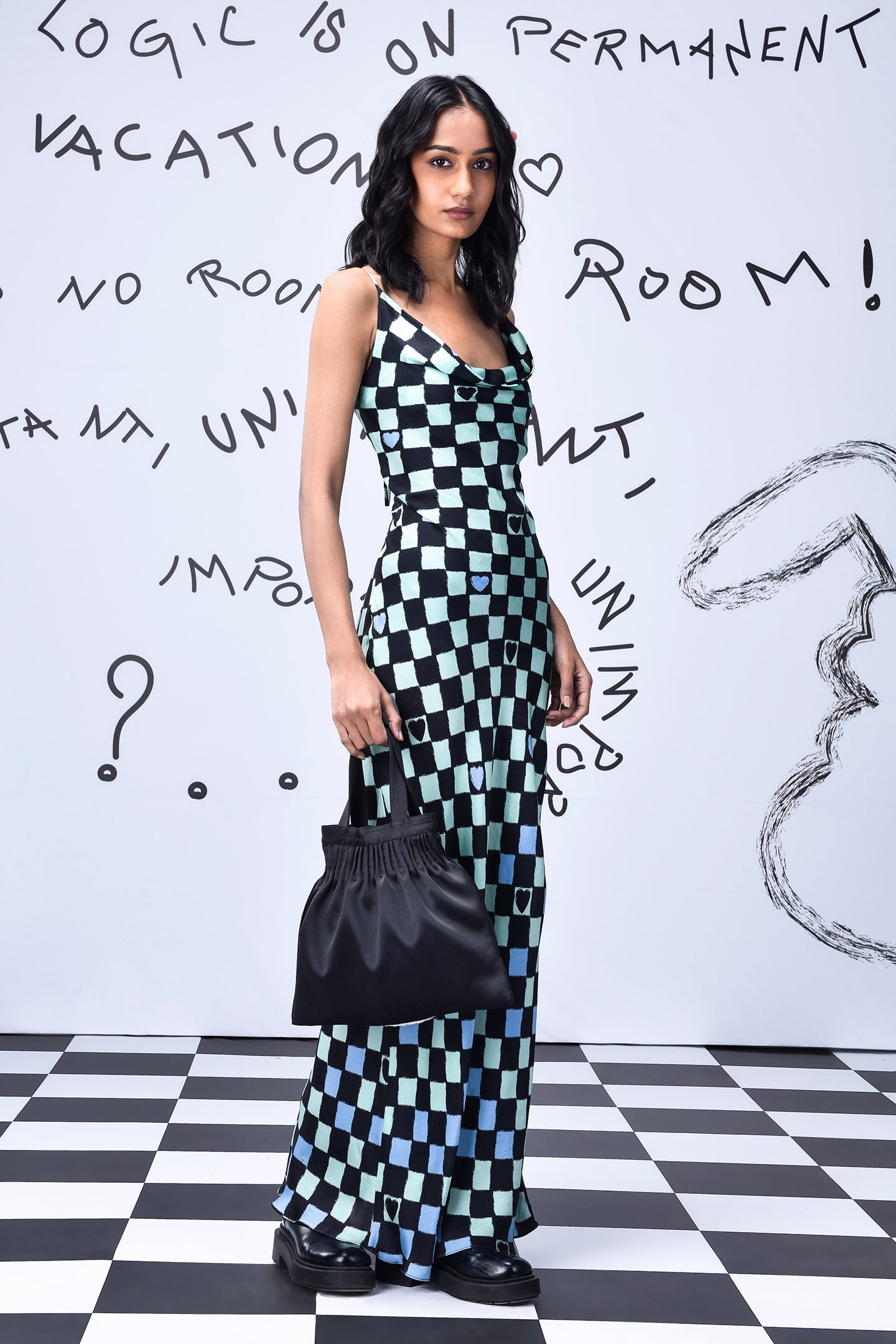 Stylera chess board cowl neck dress black and mint check fitted maxi dress with handbag