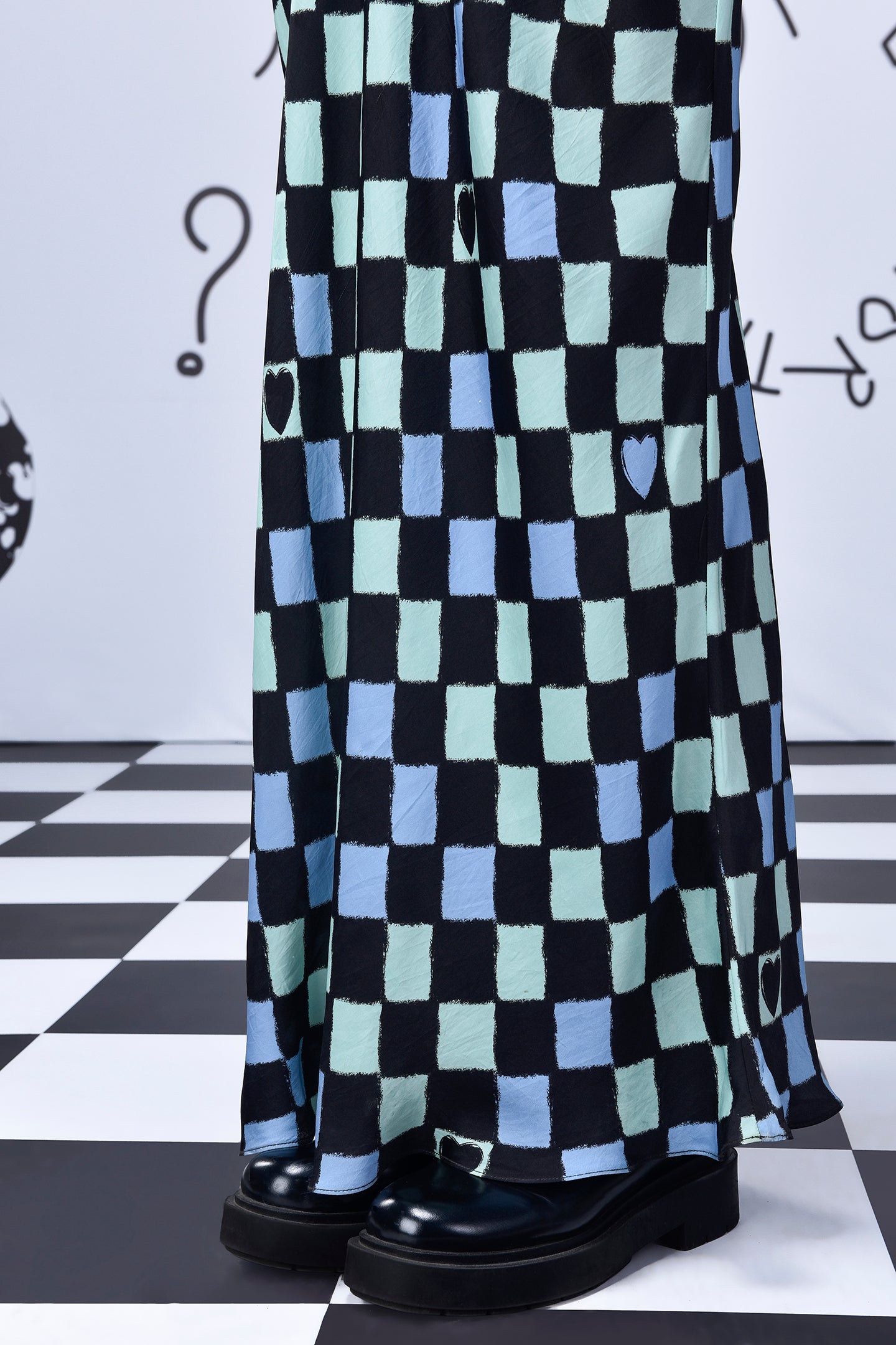 Stylera chess board cowl neck dress ankle length checkerboard print with heart motifs and platform shoes