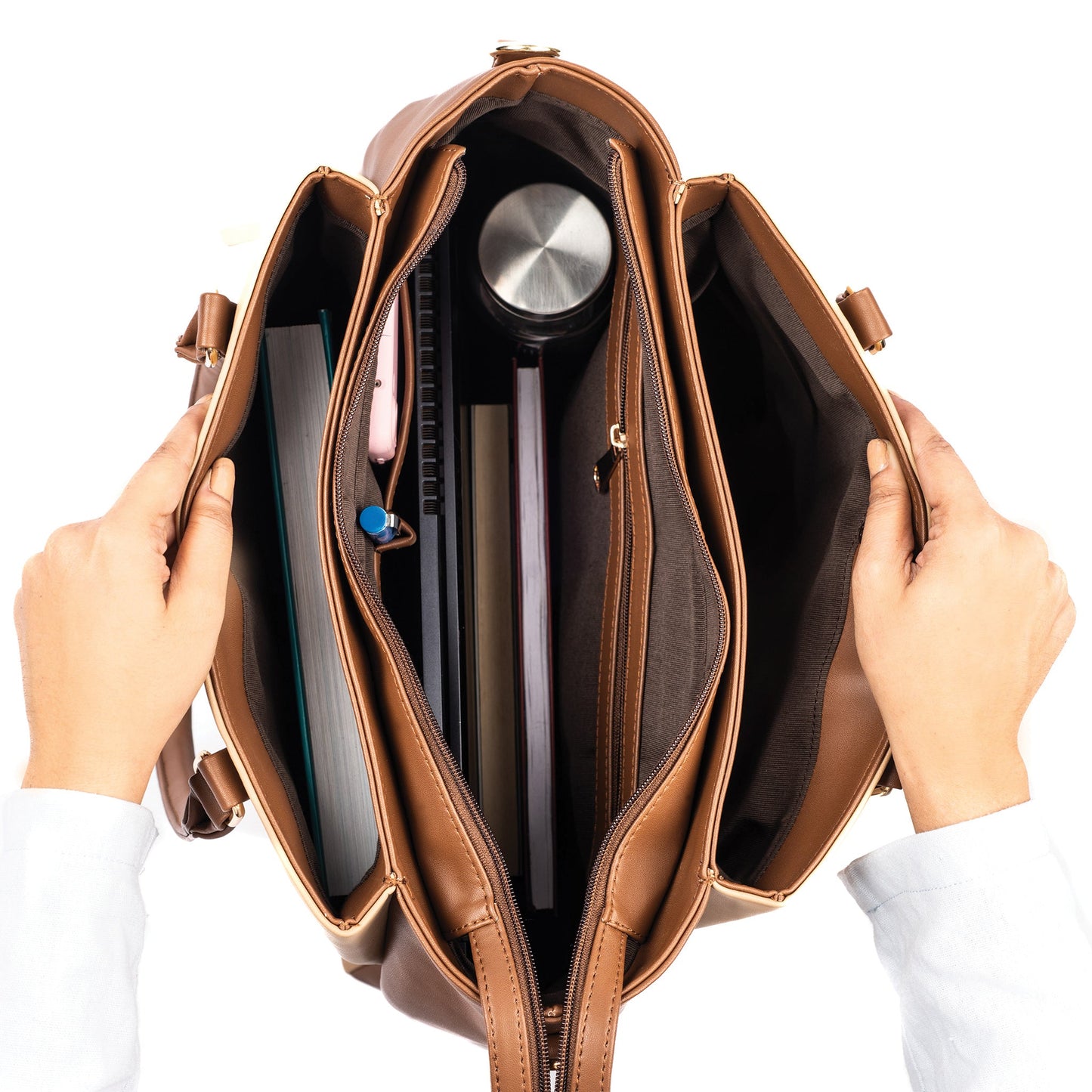 Aspire cinnamon cocoa tote bag showing spacious interior with compartments for books and a water bottle