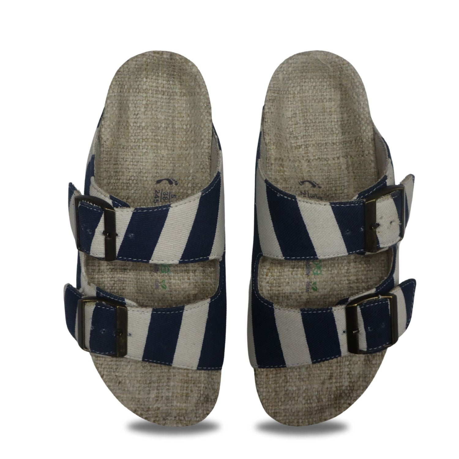Blue and white striped comfortable summer sandals for women with adjustable buckles