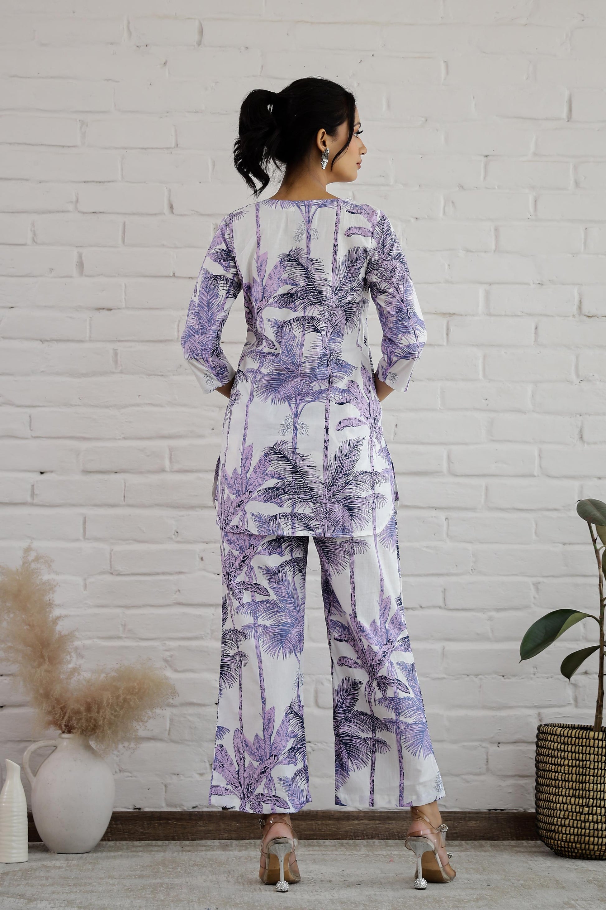 Back view of a Stylera cotton printed co-ord set featuring a stylish top and matching trousers