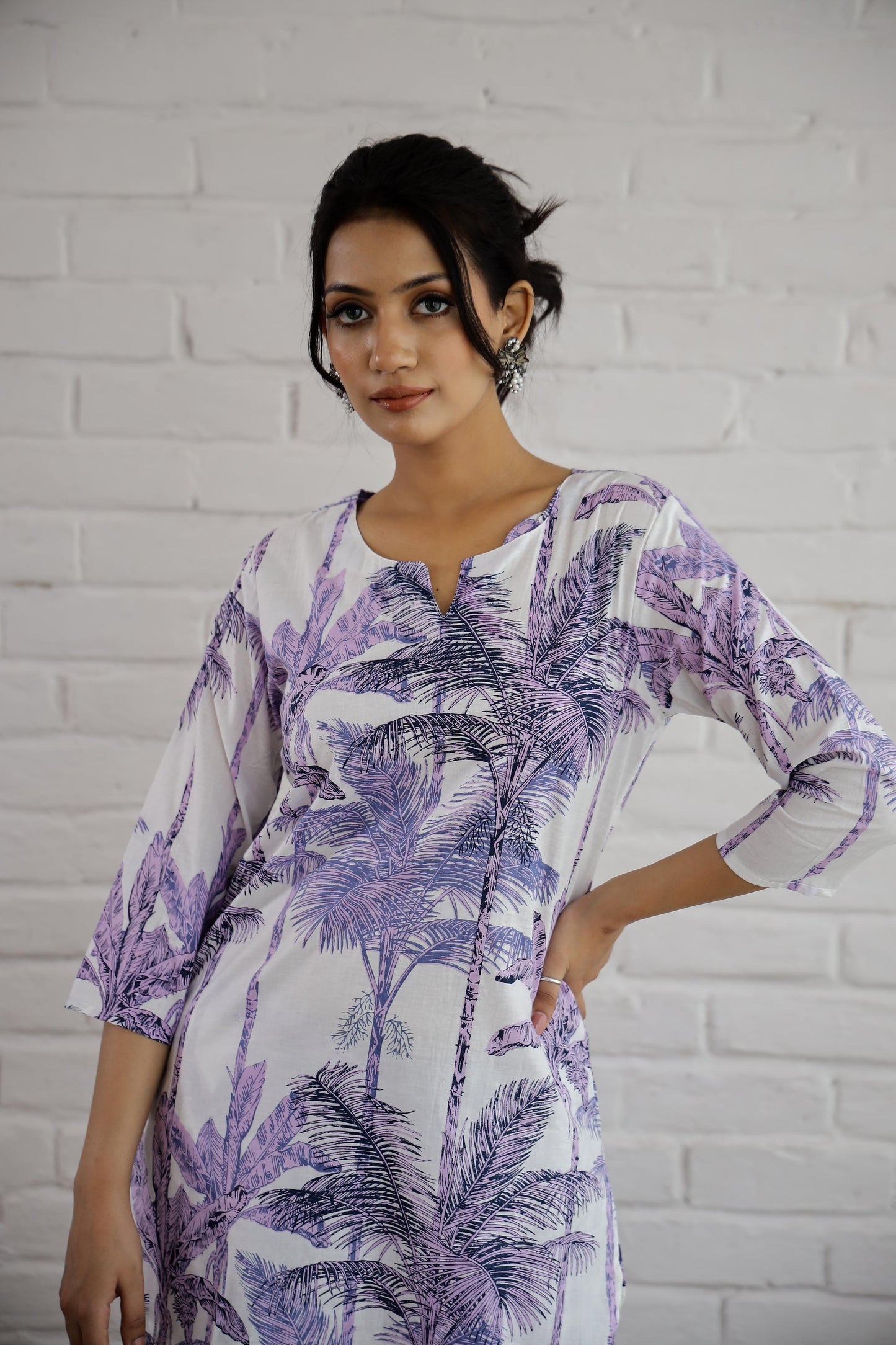 Stylera Cotton Printed Co-Ord Set with Tropical Palm Leaf Design in Purple and White