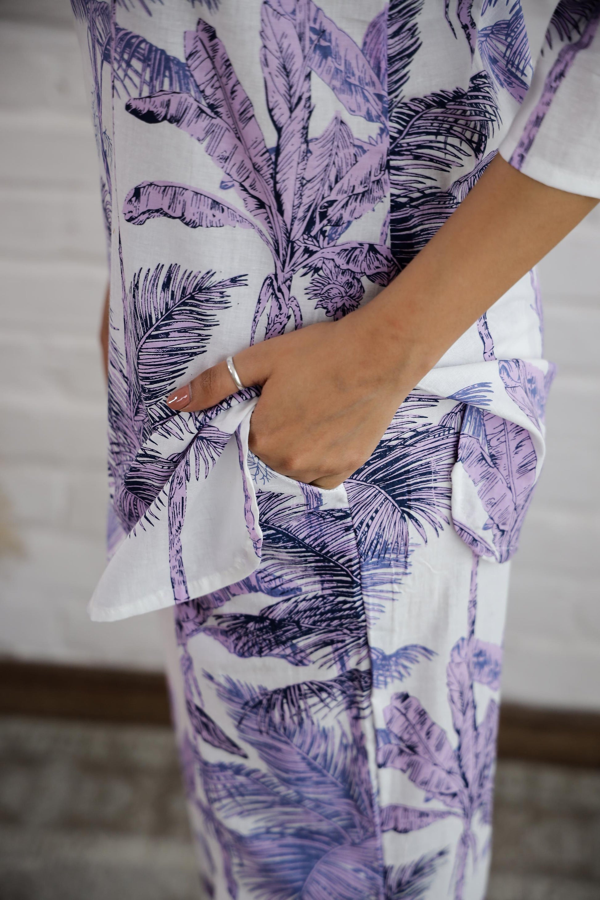 Stylera cotton printed co-ord set featuring a stylish palm leaf design with convenient pockets