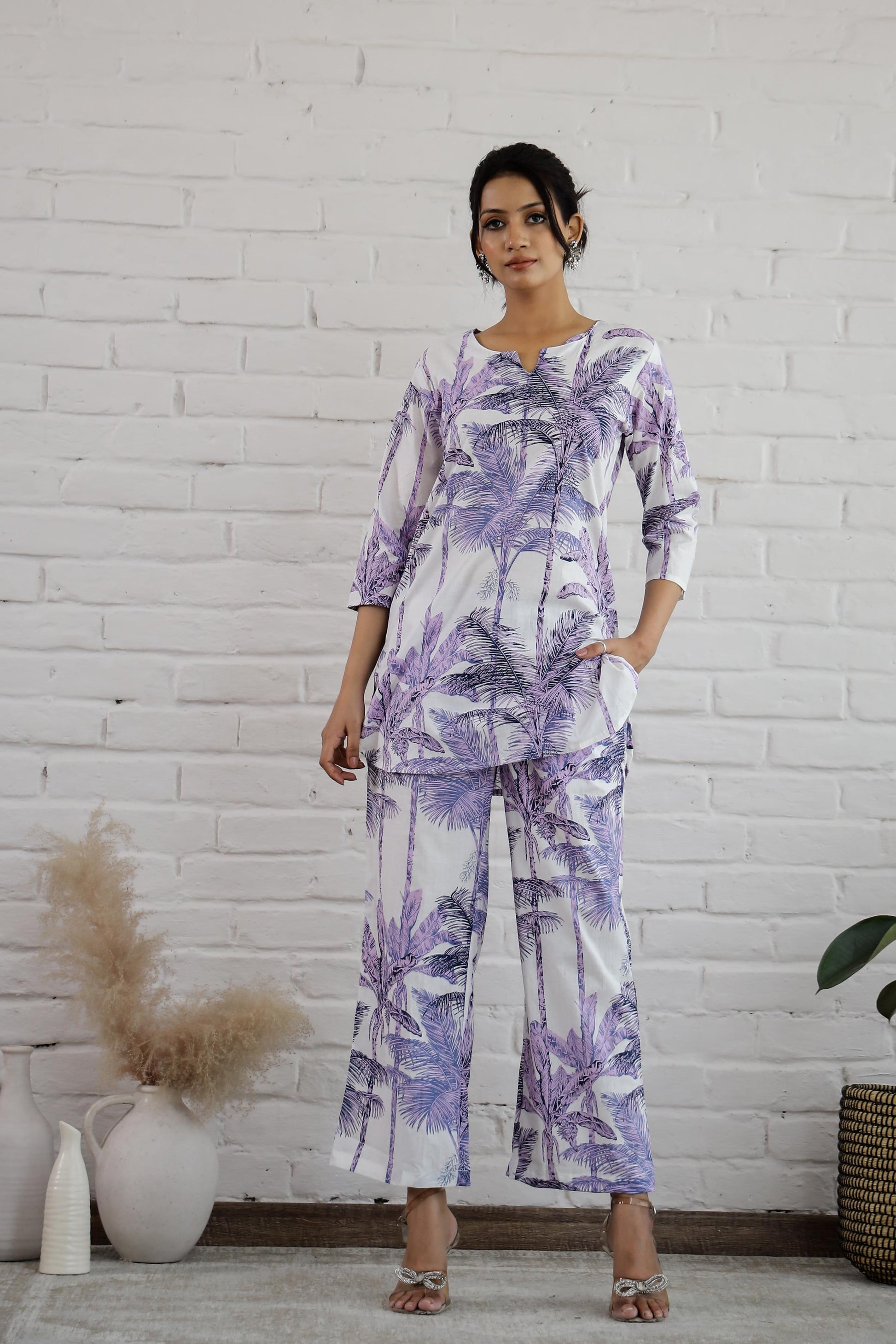 Stylera cotton printed co-ord set featuring a stylish top and matching pants in a vibrant palm print