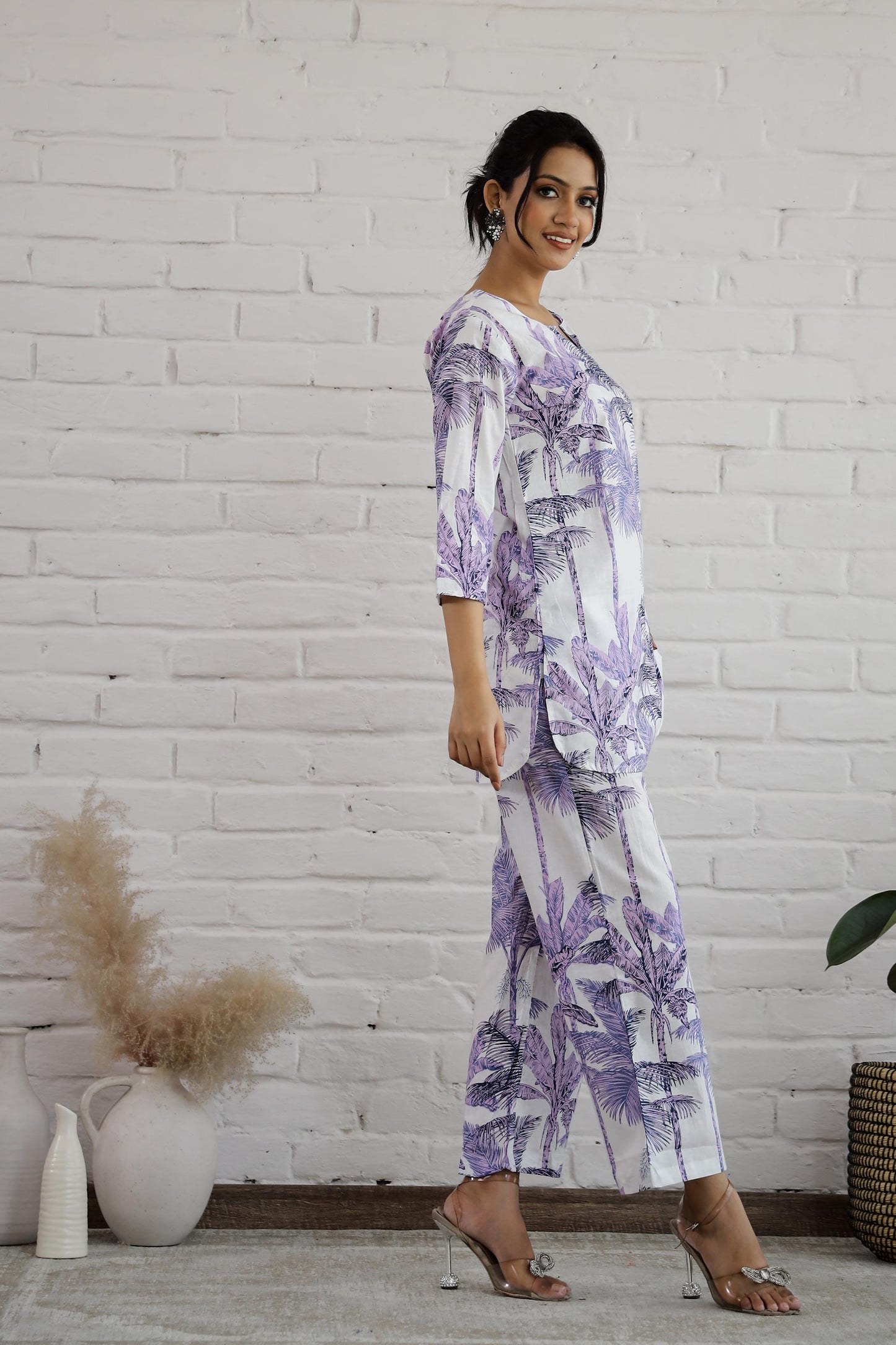 Stylera cotton printed co-ord set featuring a chic design with purple palm leaves, perfect for casual outings