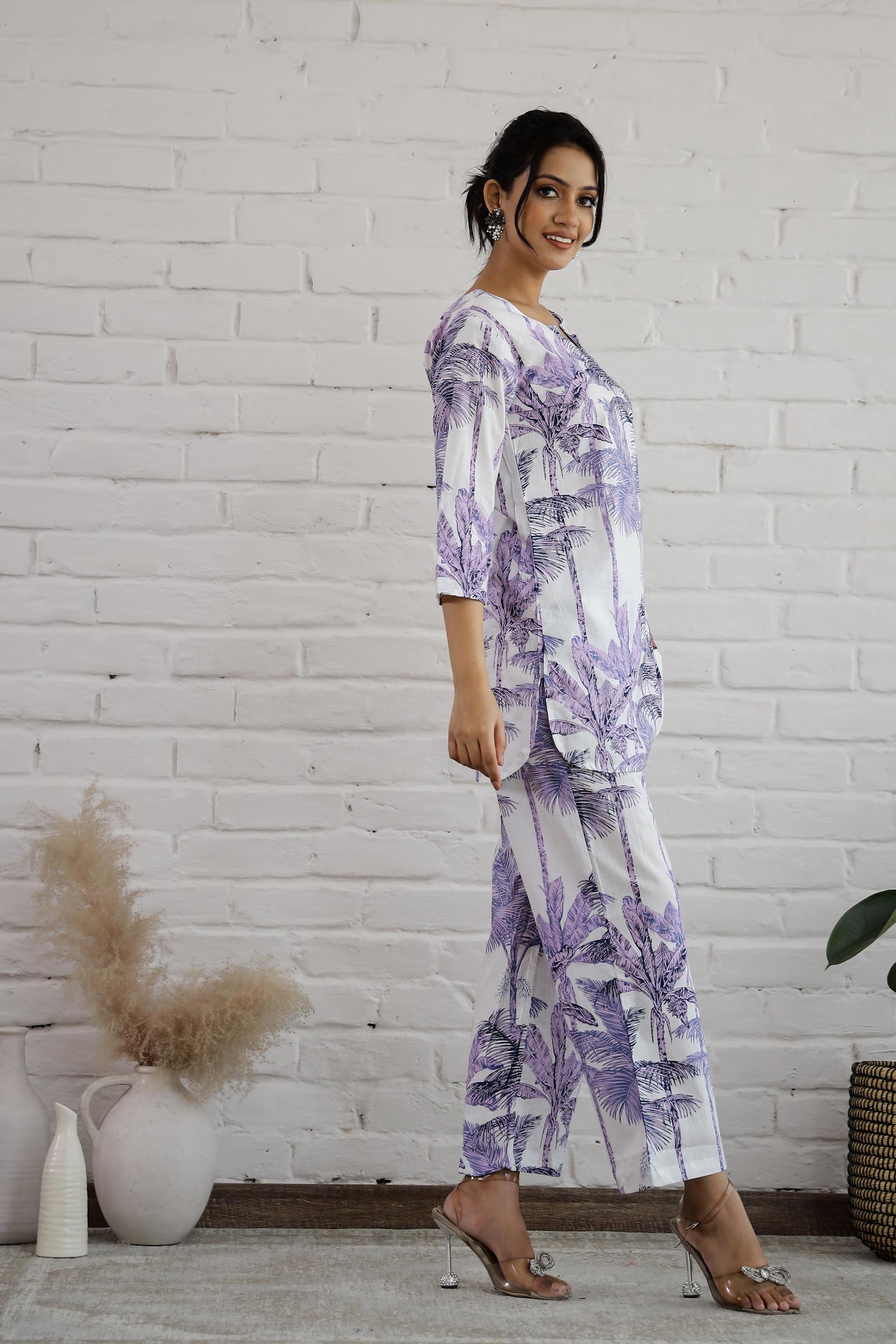 Stylera cotton printed co-ord set featuring a chic design with purple palm leaves, perfect for casual outings