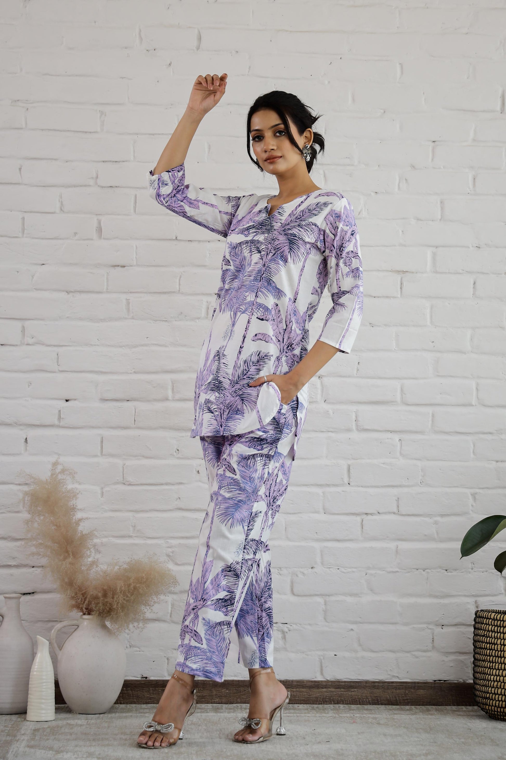Stylera cotton printed co-ord set in purple floral design for stylish casual wear
