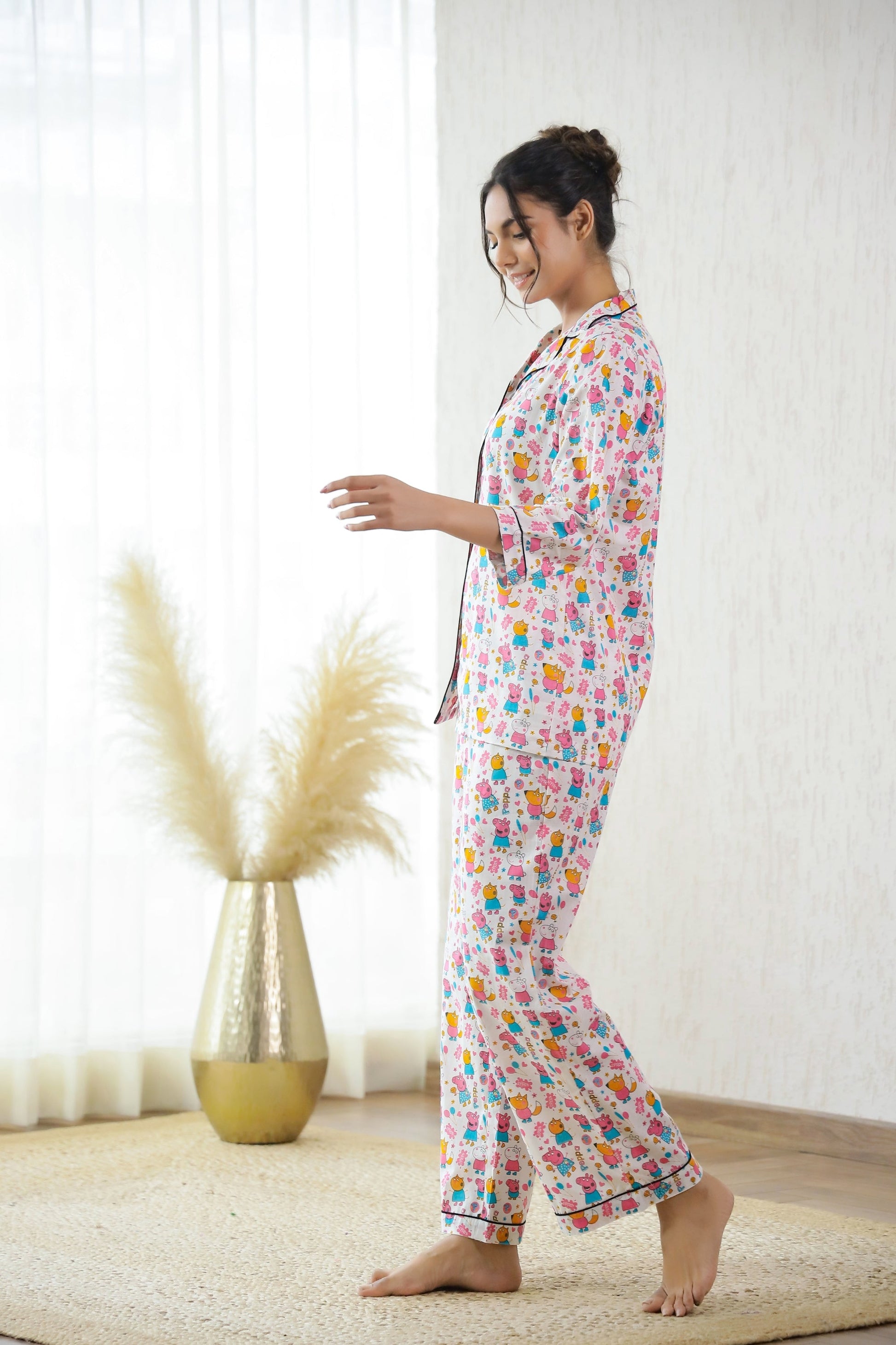 Cute cotton nightwear for women, featuring a colorful floral co-ord set with a relaxed fit.