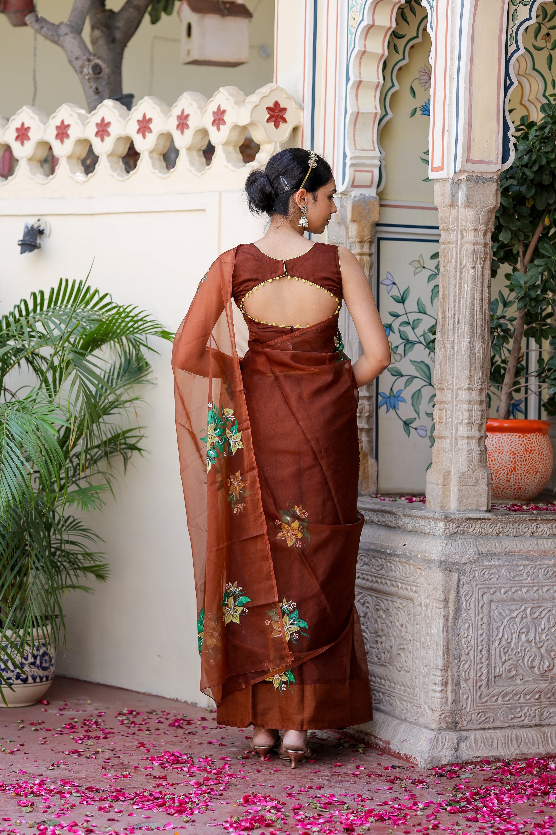 Elegant Stylera designer brown saree for wedding with floral embroidery and backless design