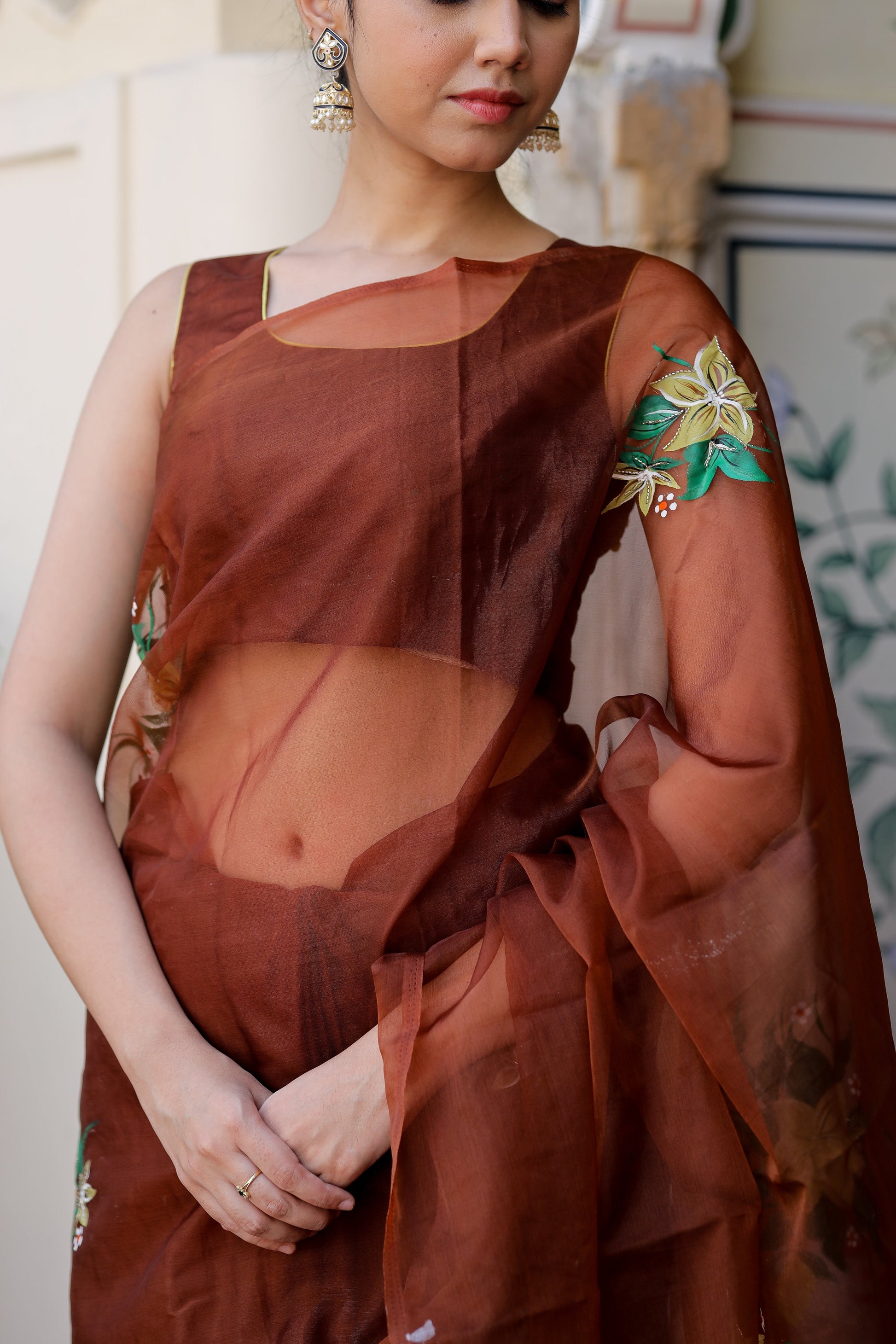 Elegant designer brown saree for wedding with floral embroidery and sheer fabric details