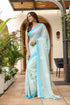 Stylera designer handpainted saree for parties in light blue with floral designs and elegant draping