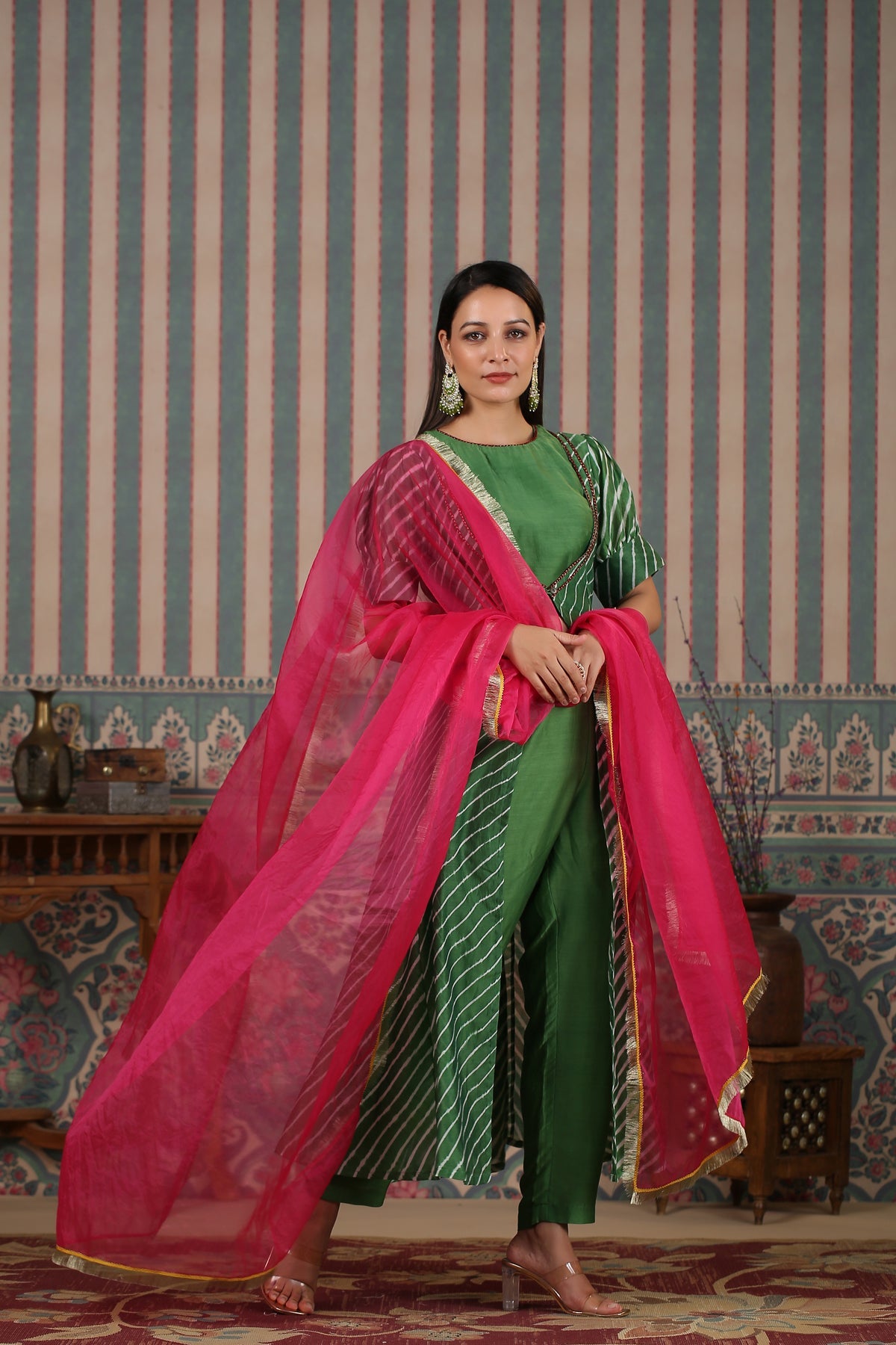 Elegant designer lehriya dress for women with matching dupatta in vibrant colors and modern styling