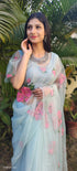 DiraByDimple designer party wear organza saree in soft blue with floral embroidery, perfect for elegant occasions
