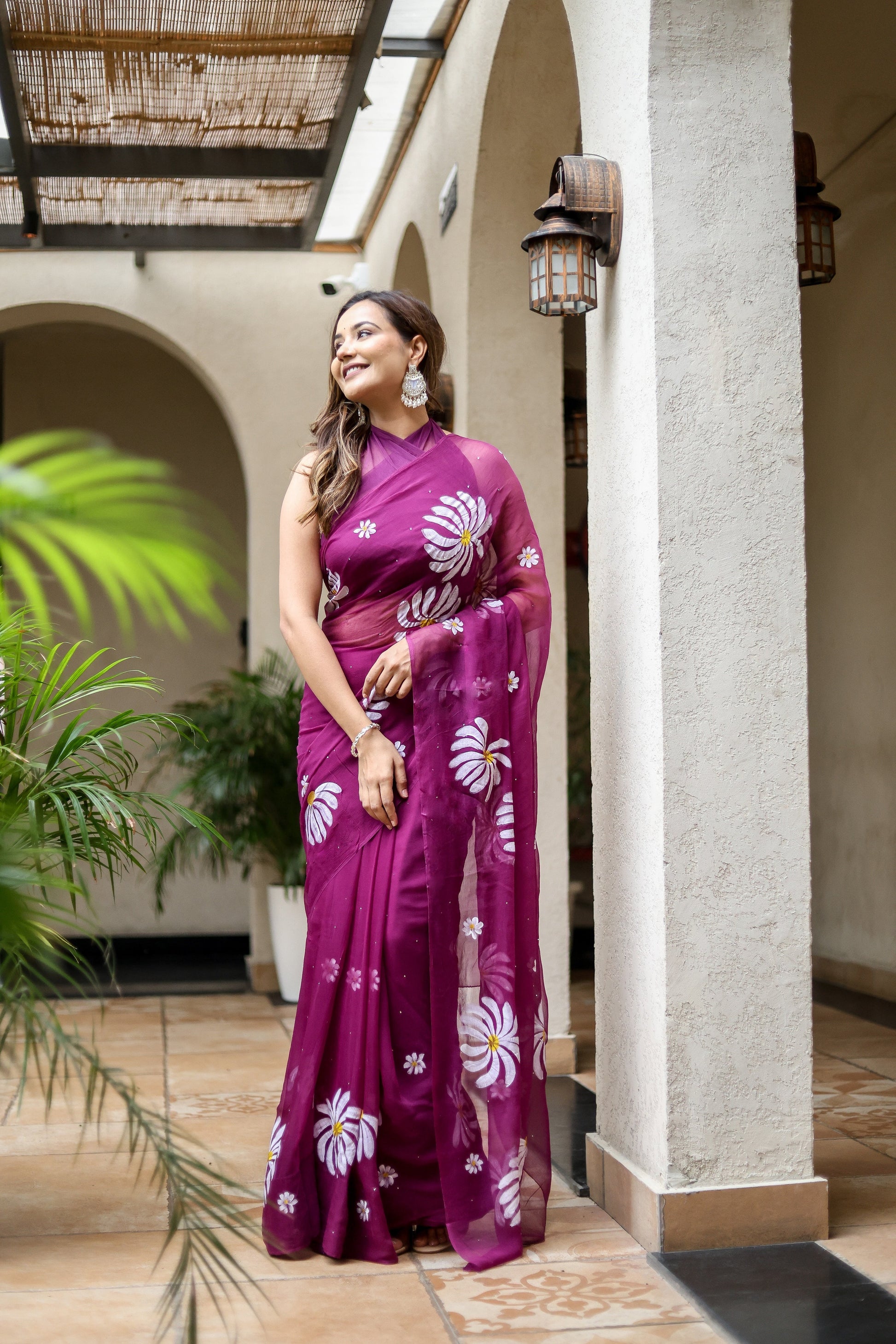 Elegant Stylera designer party wear saree for women in purple with floral motifs