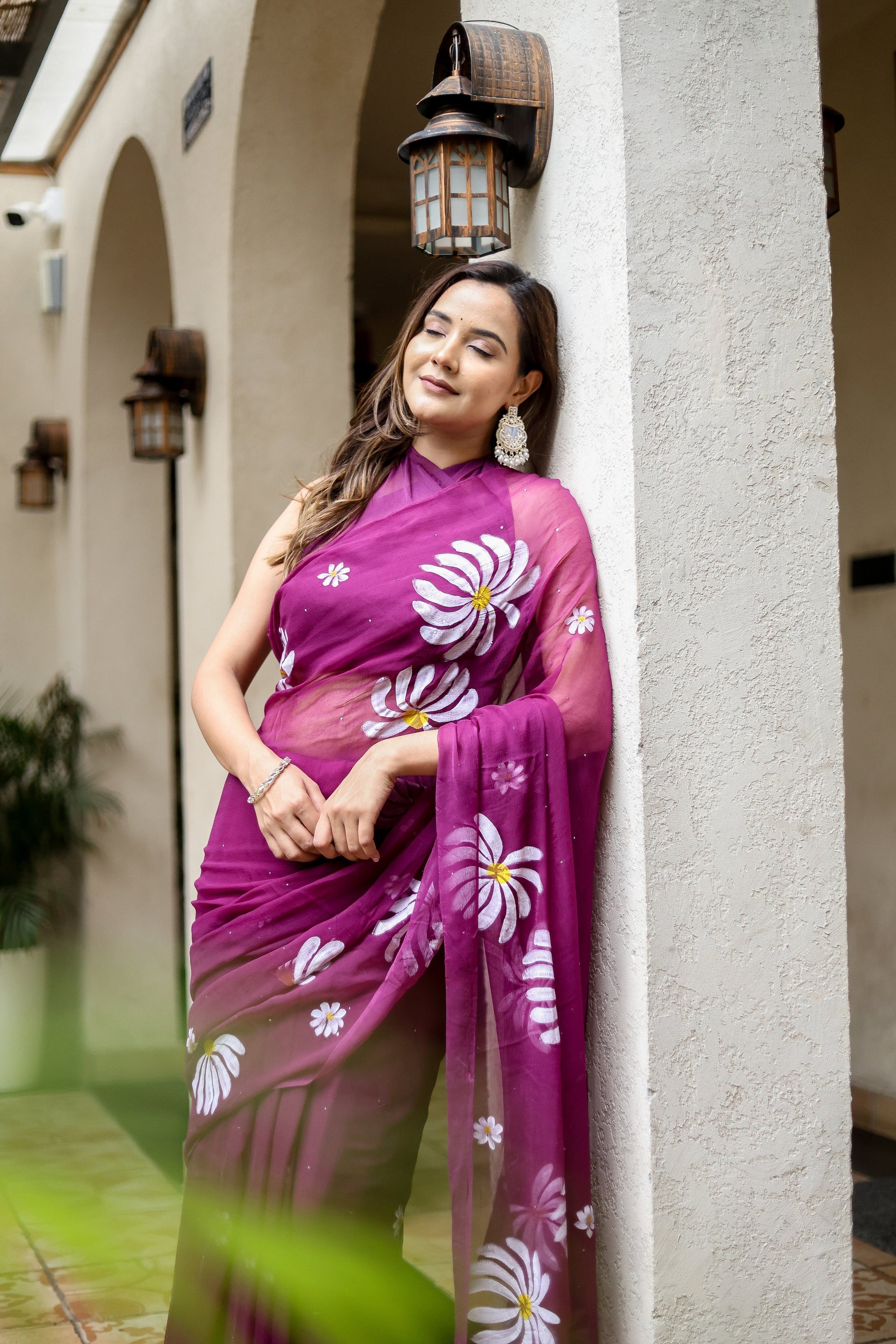 Elegant Stylera designer party wear saree for women in purple with floral embroidery