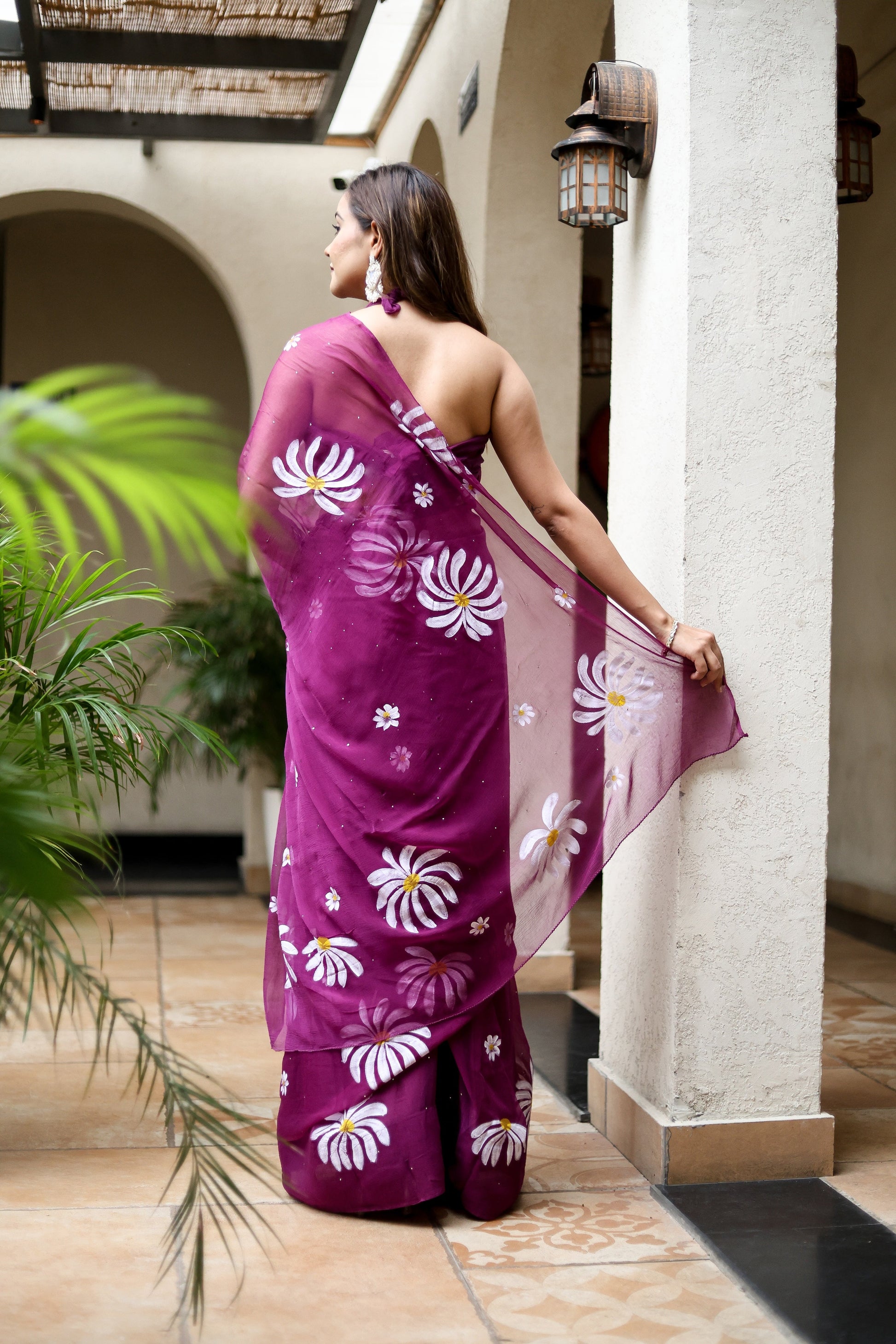 Elegant Stylera designer party wear saree for women in purple with floral patterns