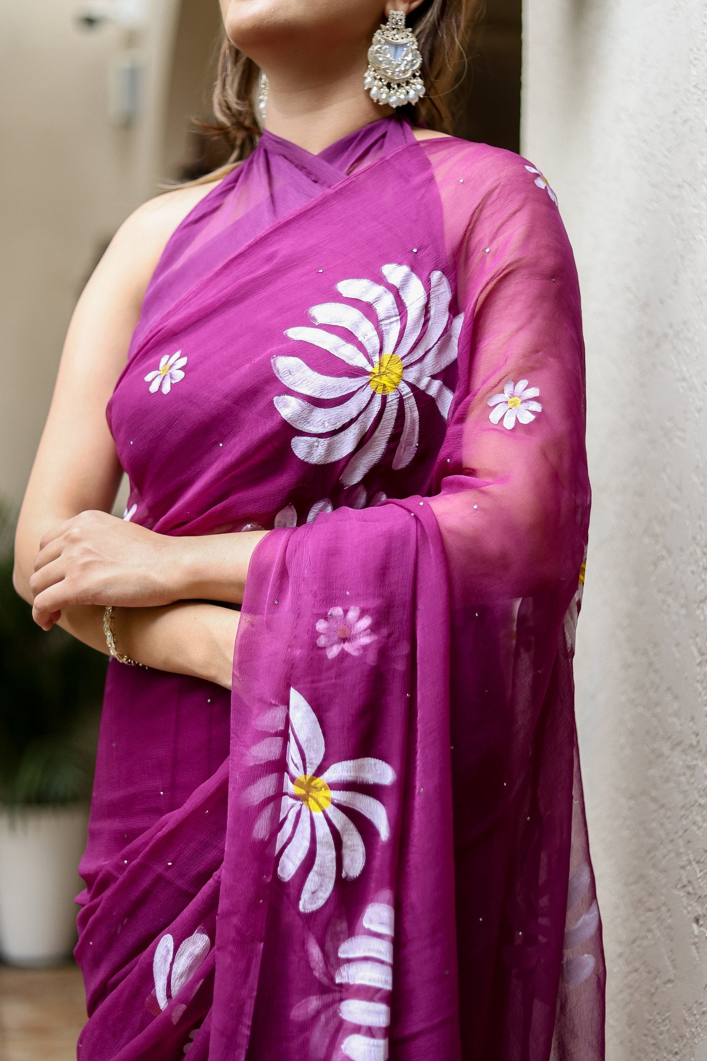 Elegant magenta designer party wear saree for women with floral prints and intricate detailing