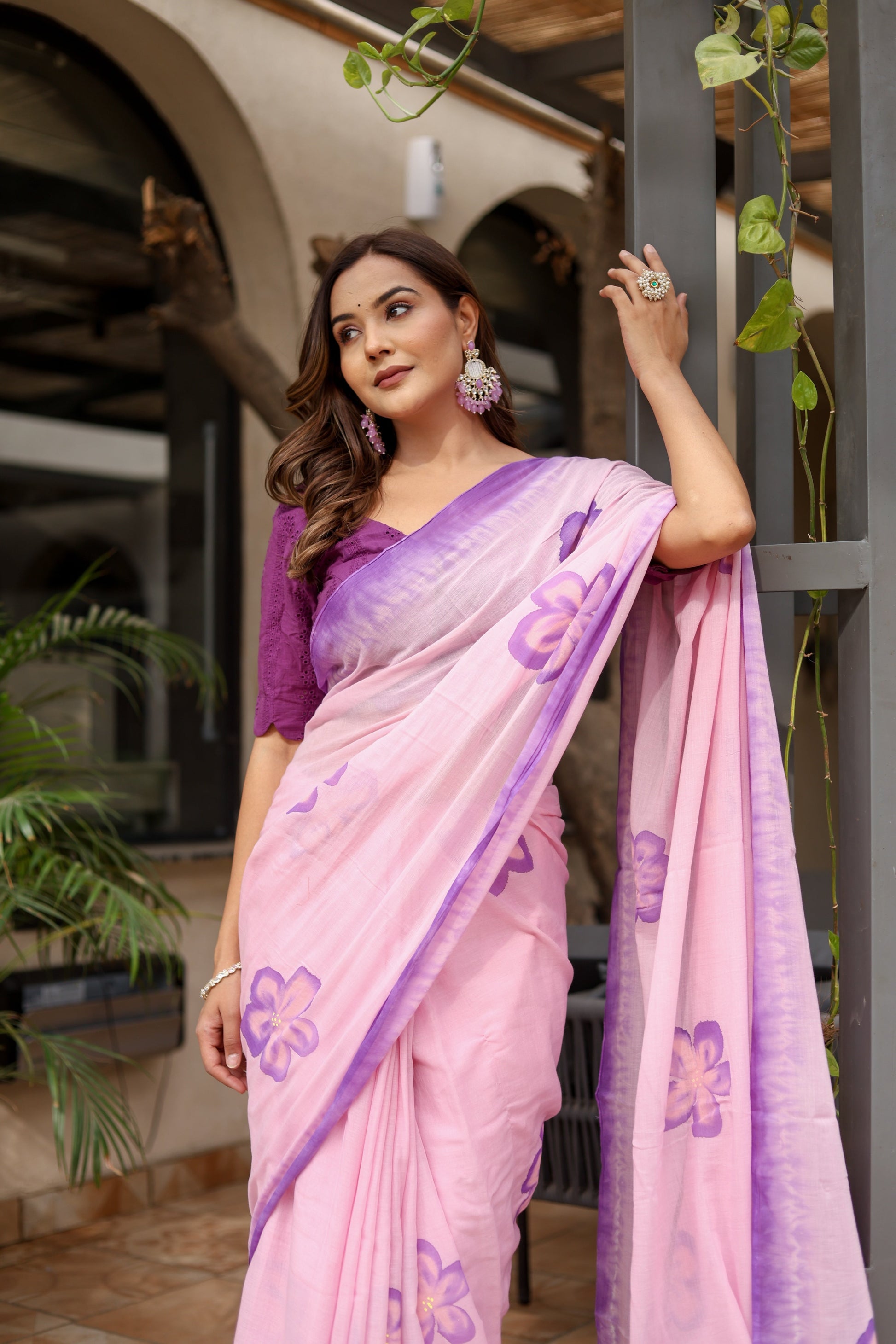 Elegant Stylera exclusive designer saree for parties with floral designs in pink and purple shades