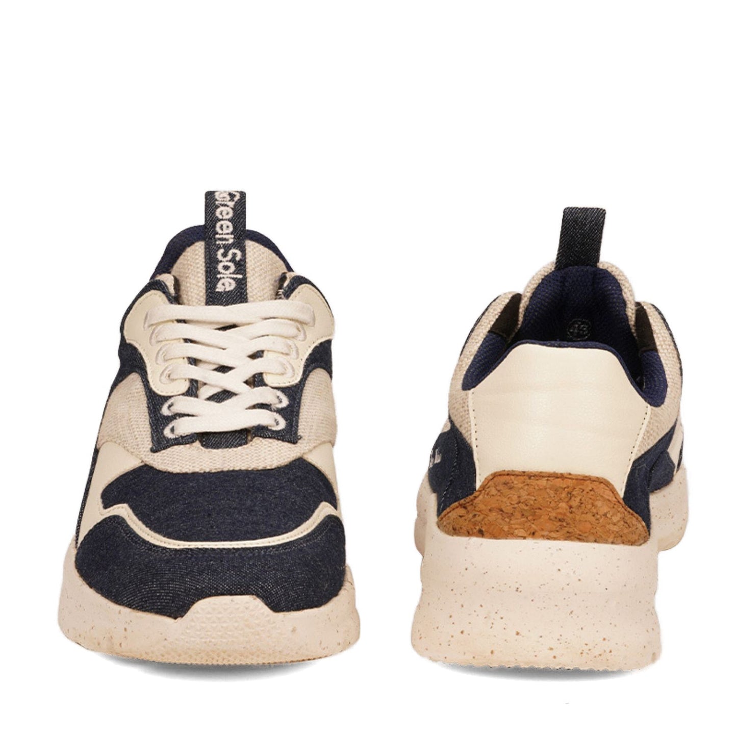 Stylera fashionable casual shoes for travel in beige and navy with cork accents