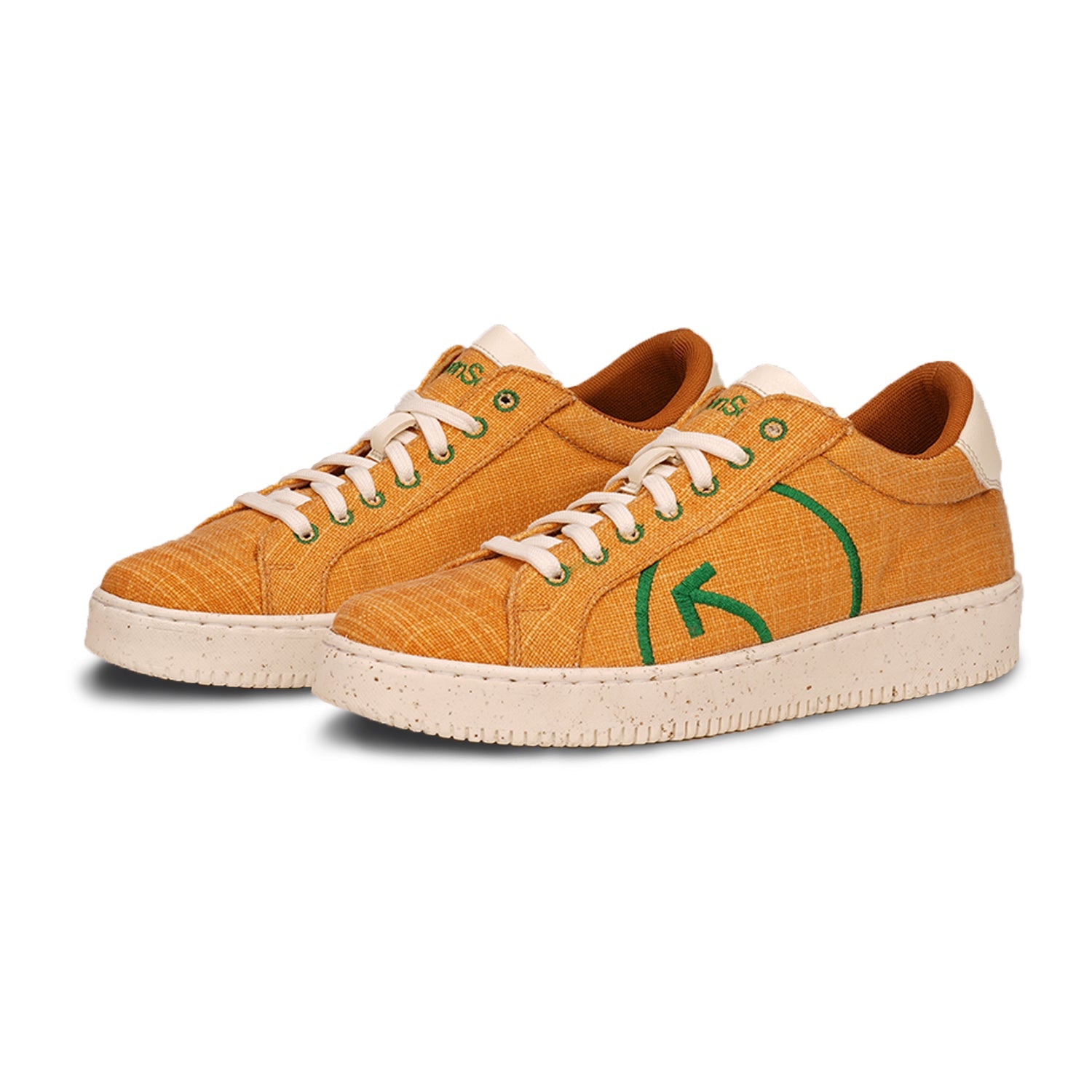 Fashionable yellow casual sneakers with green logo details and textured fabric for everyday wear