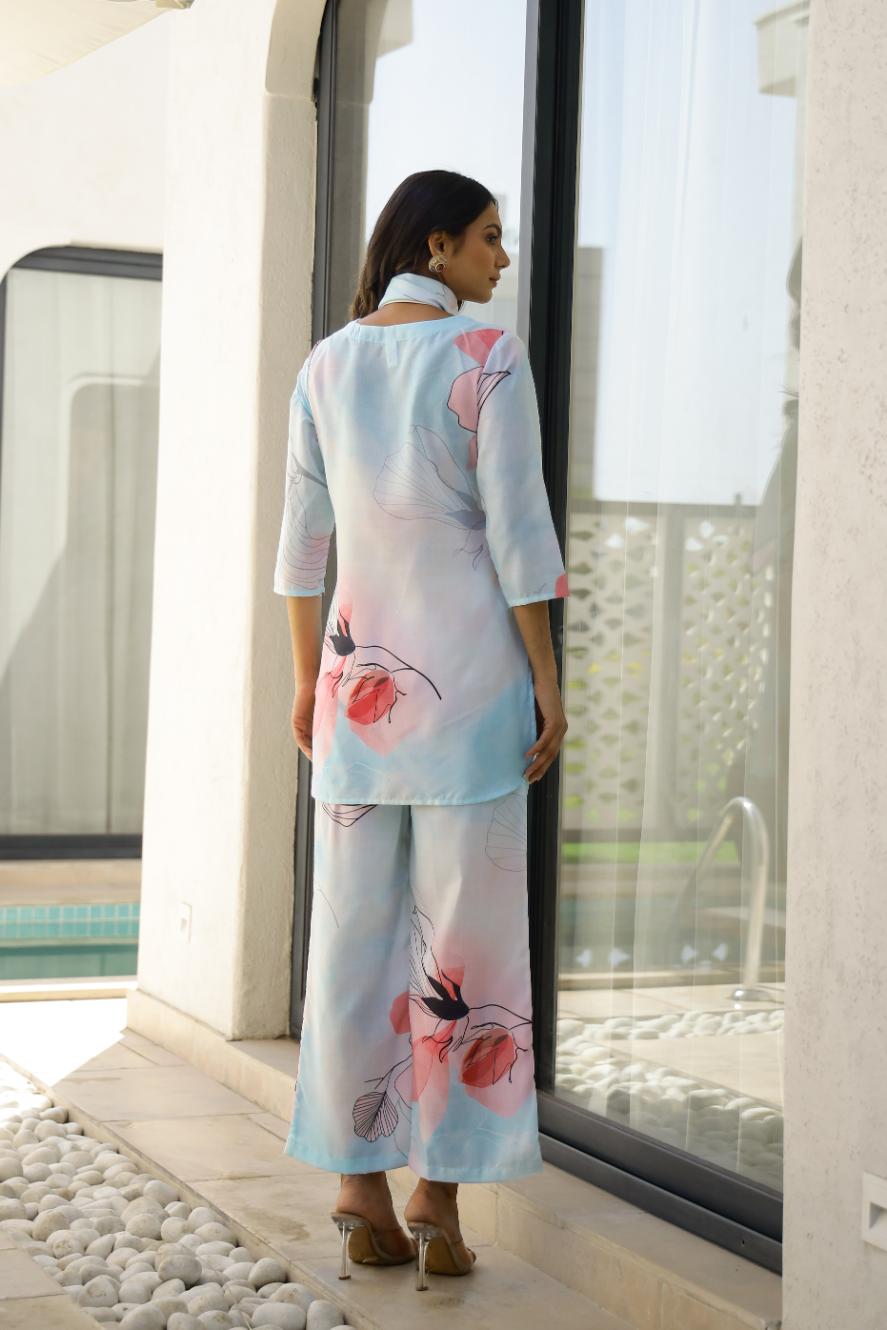 Floral cotton co ord set for women featuring a blue tunic and matching pants with floral designs