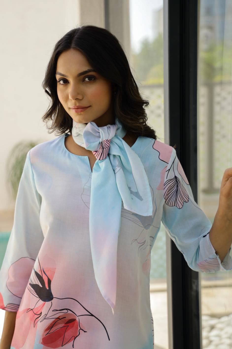 Stylera floral cotton co ord set for women featuring a stylish blouse and matching scarf