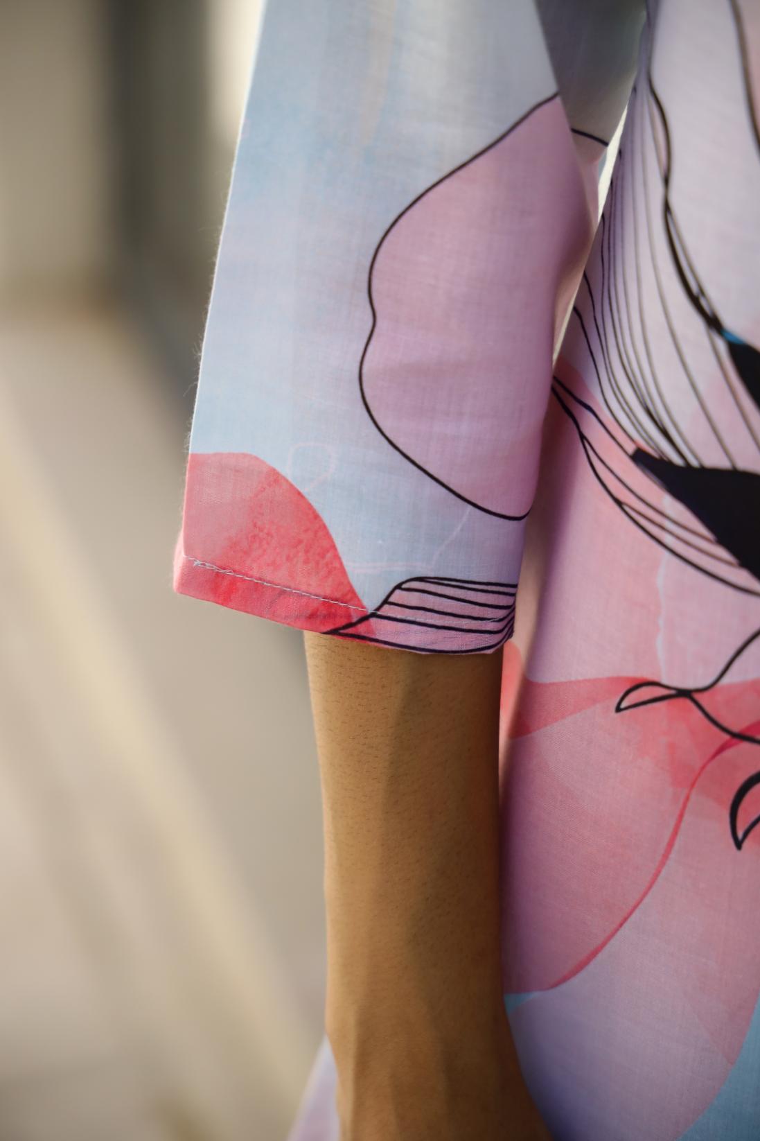 Close-up of the sleeve of a floral cotton co ord set for women showcasing delicate prints and soft fabric