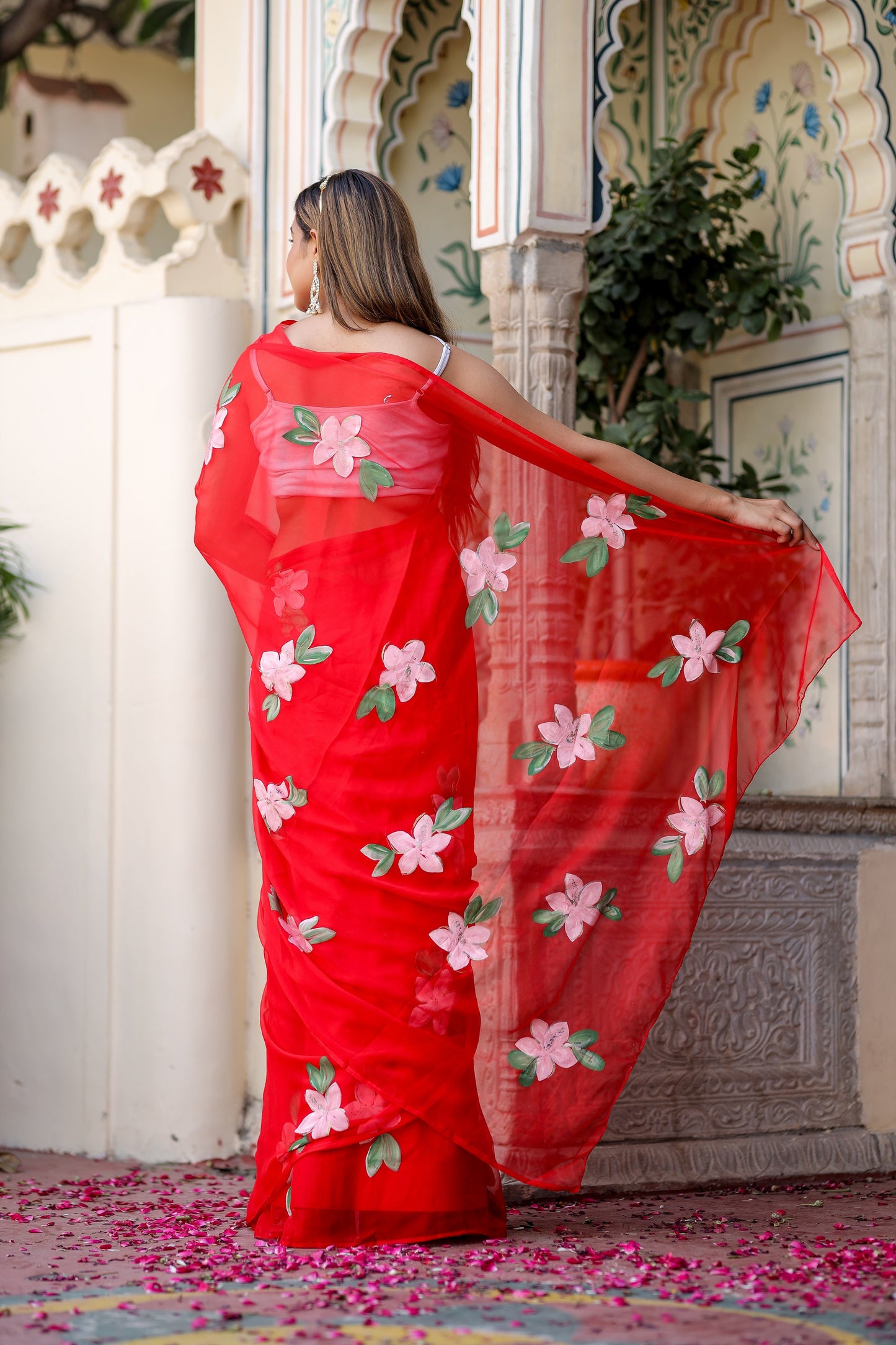 Stylera floral designer chiffon saree in red with pink floral embroidery for elegant occasions