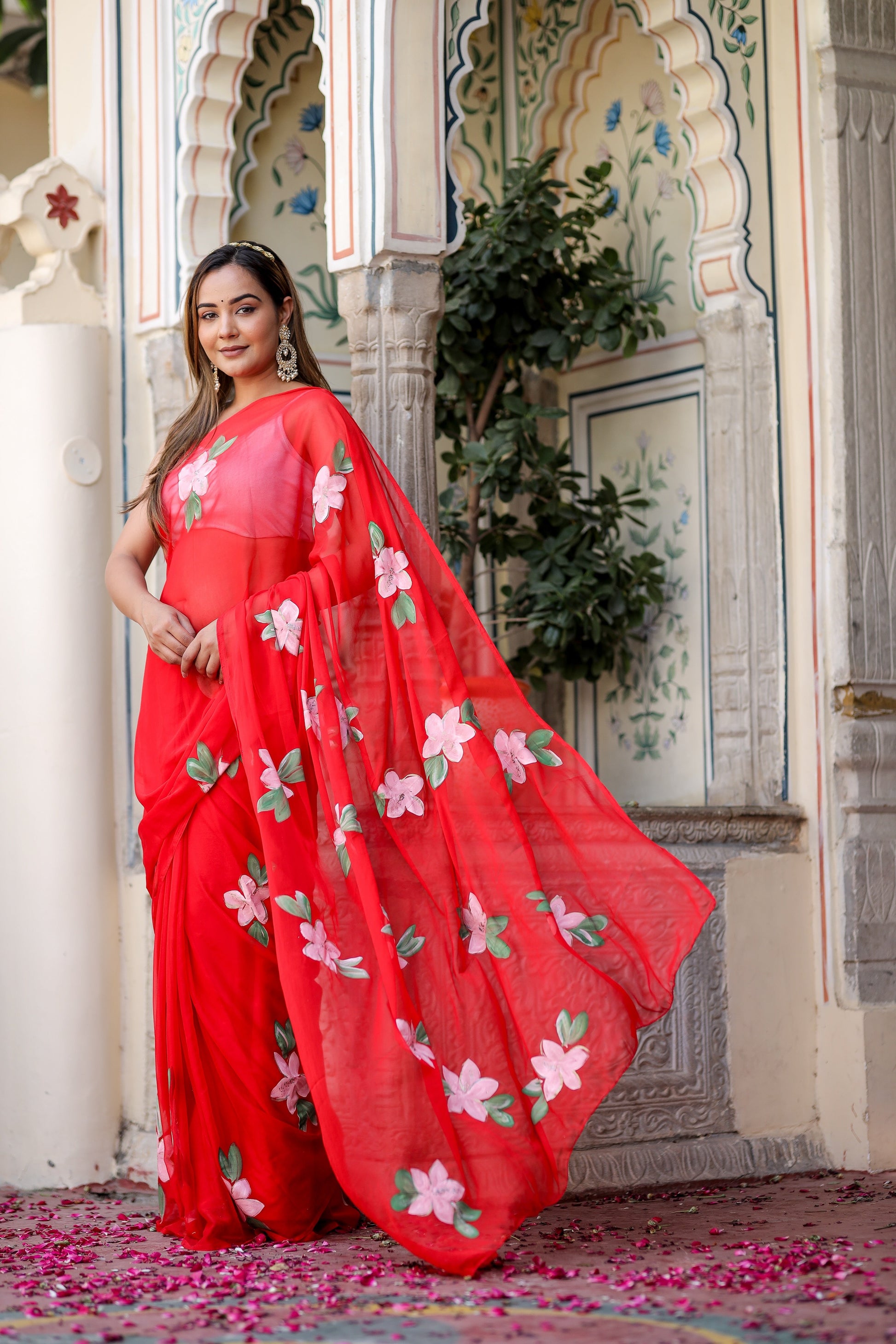 Stylera floral designer chiffon saree in vibrant red with elegant floral embroidery