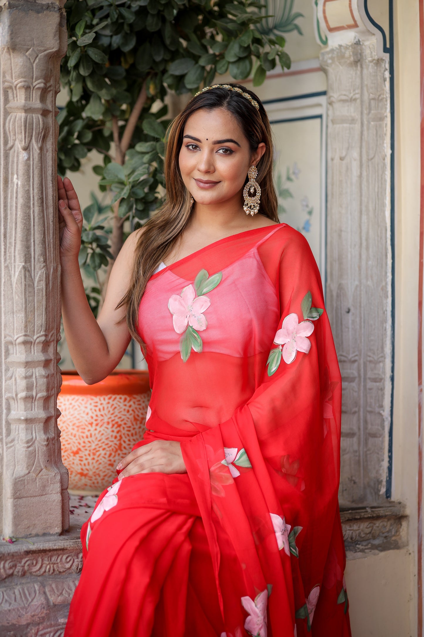 Stylera floral designer chiffon saree with vibrant red color and floral embroidery accents