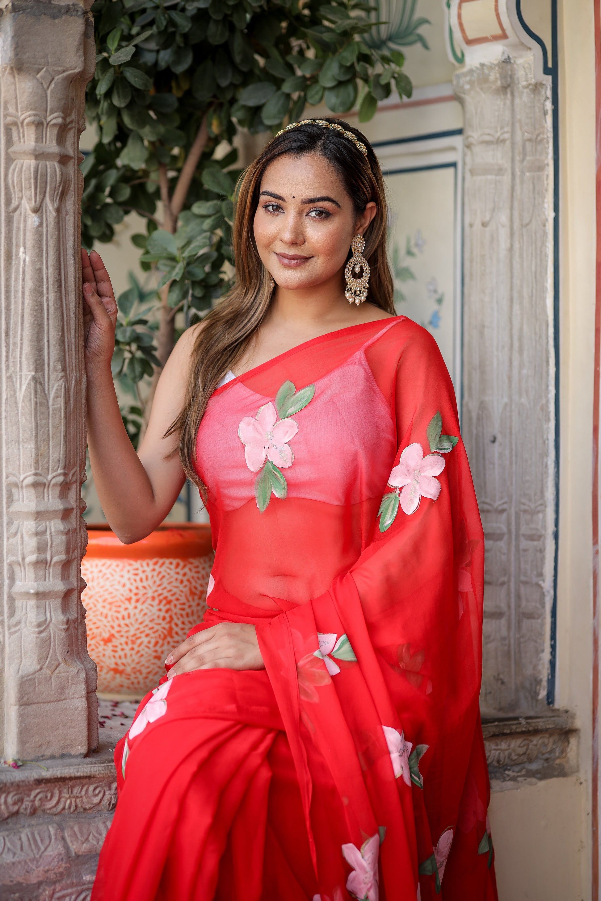 Stylera floral designer chiffon saree with vibrant red color and floral embroidery accents