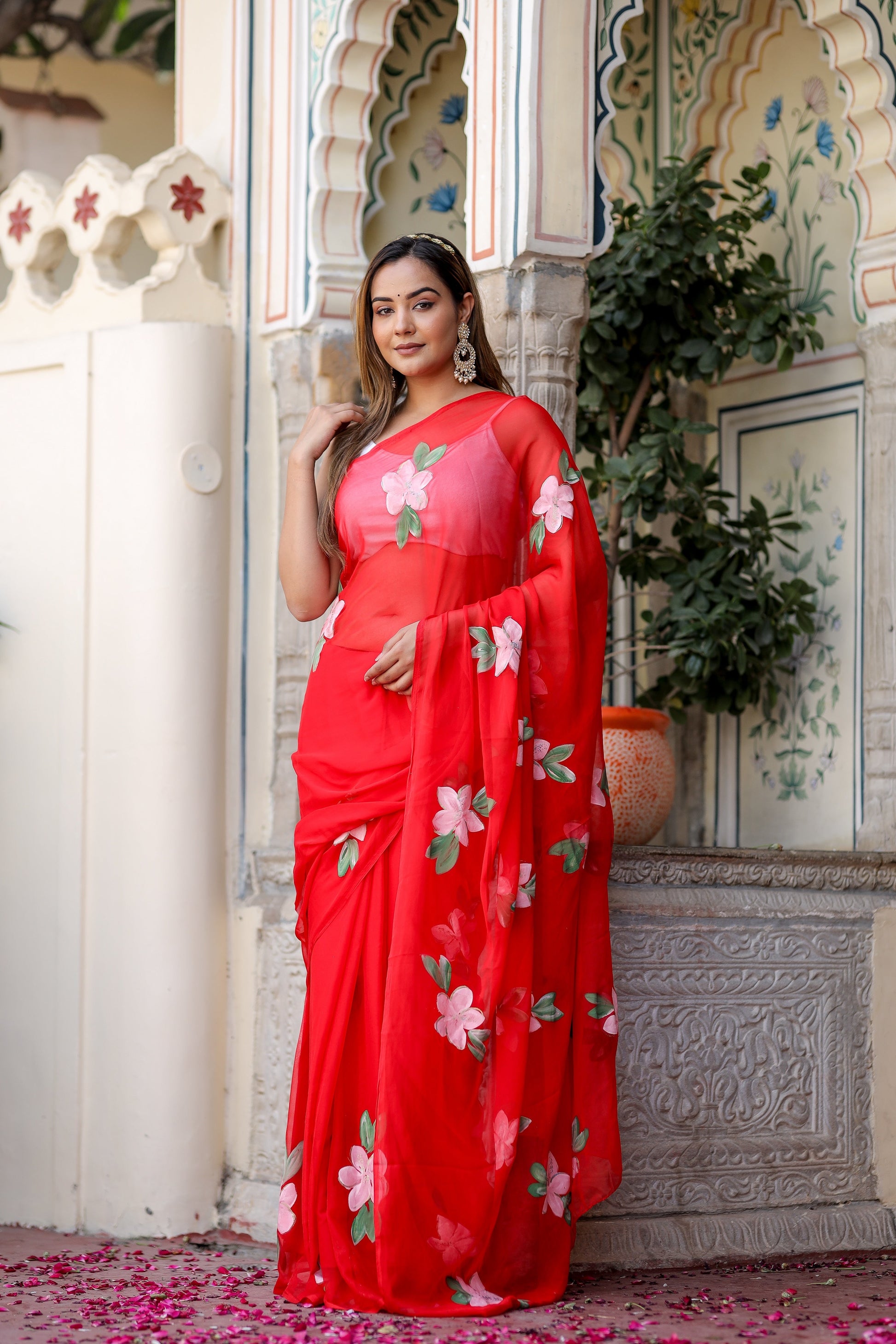 Stylera floral designer chiffon saree in vibrant red with floral embroidery for festive occasions