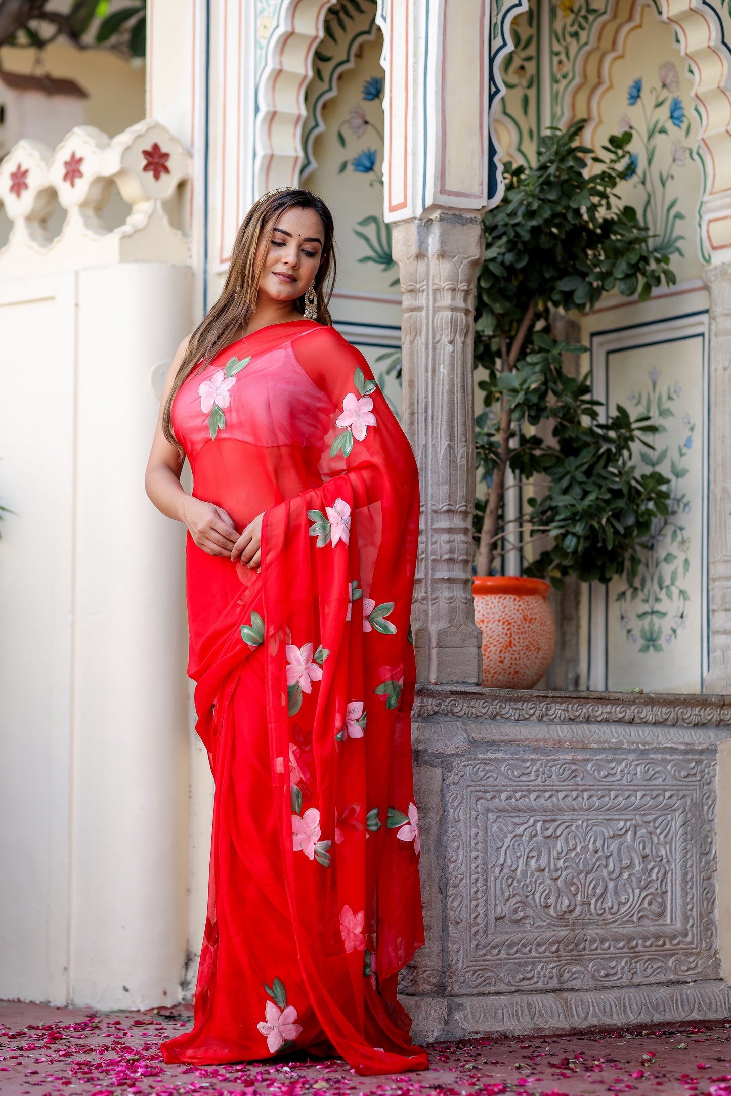 Stylera floral designer chiffon saree in vibrant red with floral prints for elegant occasions
