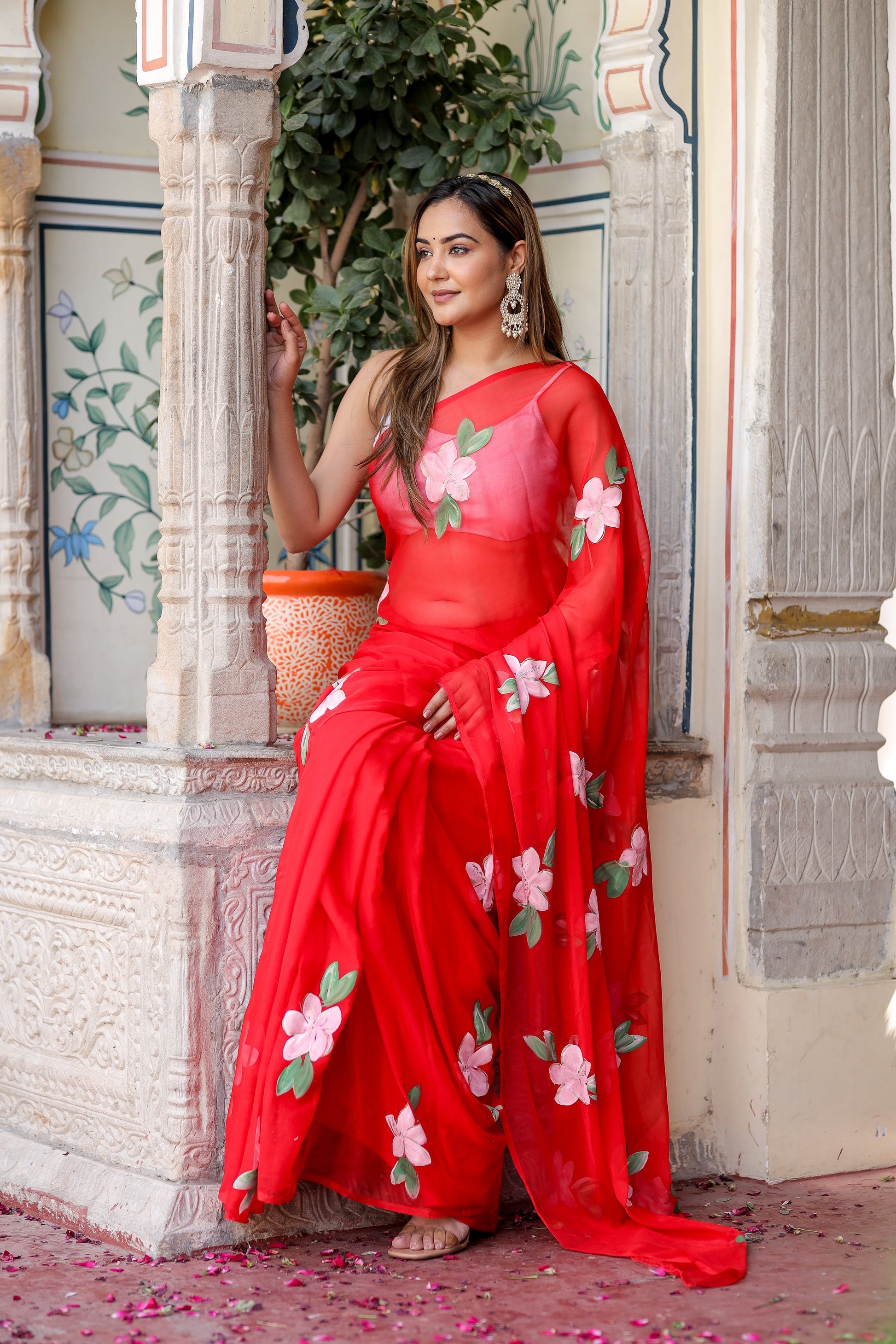 Stylera floral designer chiffon saree in vibrant red with floral embroidery perfect for special occasions