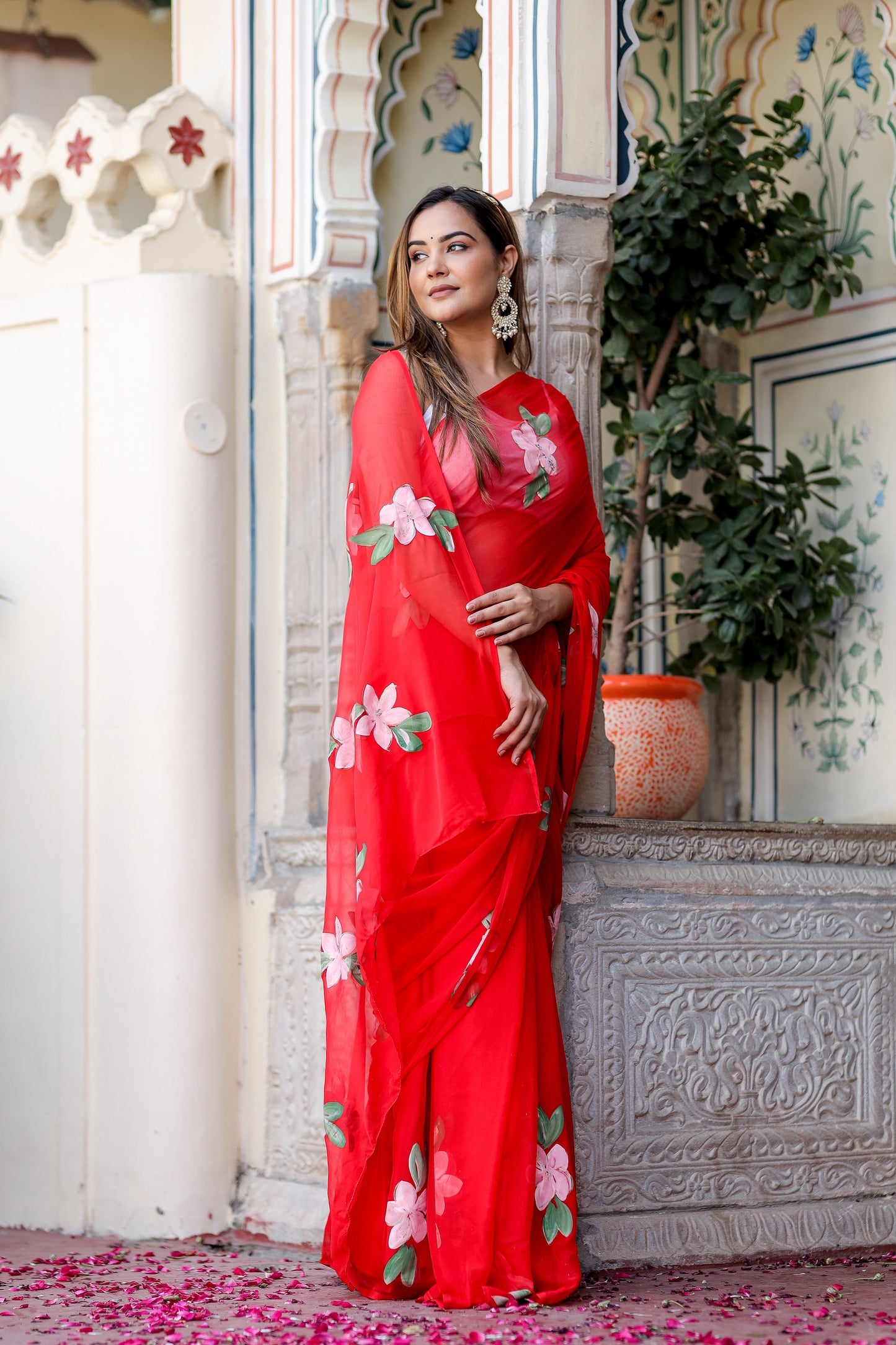 Elegant floral designer chiffon saree in red with floral embroidery for festive occasions