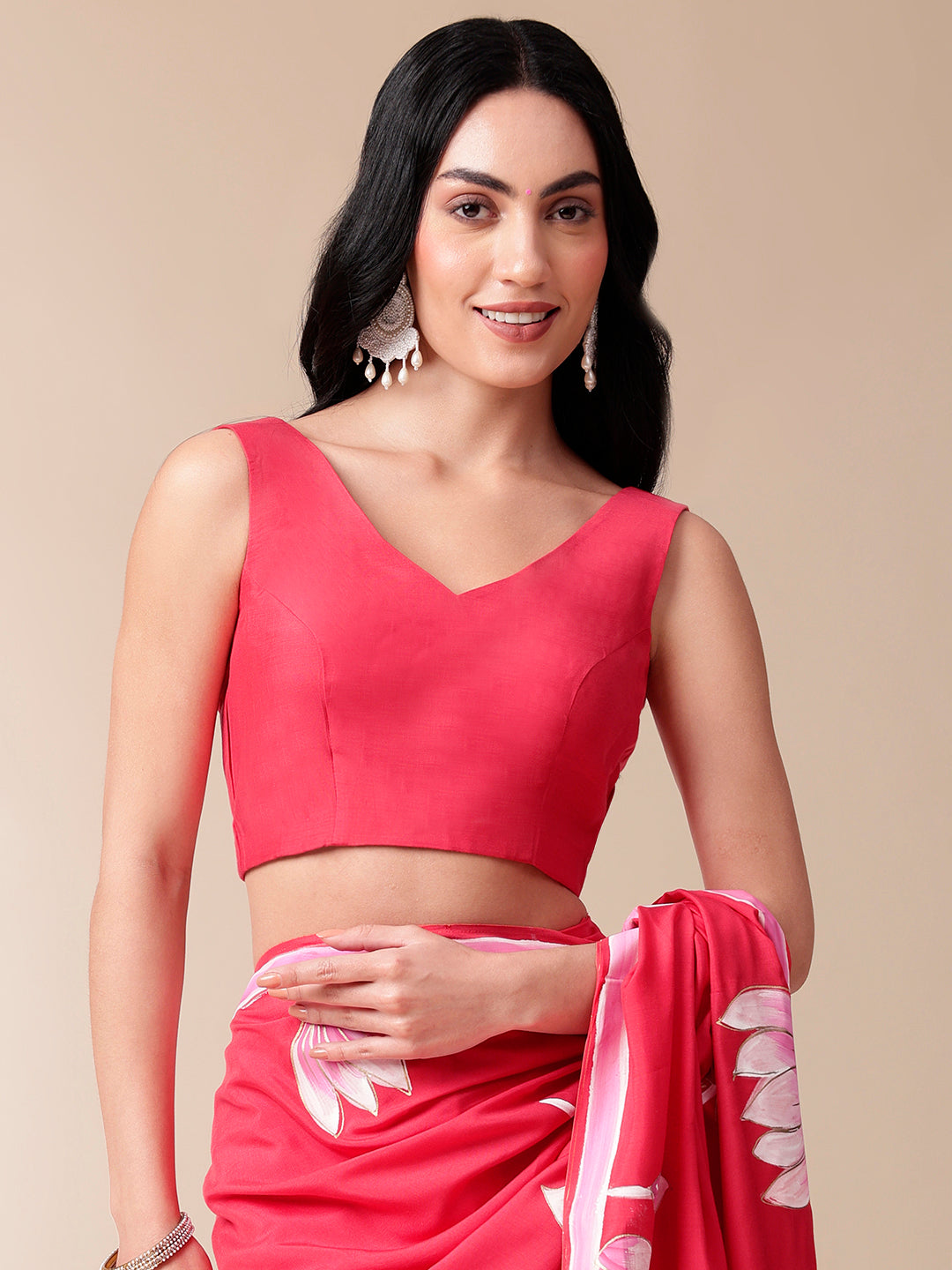 Stylera Floral Designer Mal Mal Saree in vibrant pink with elegant floral patterns