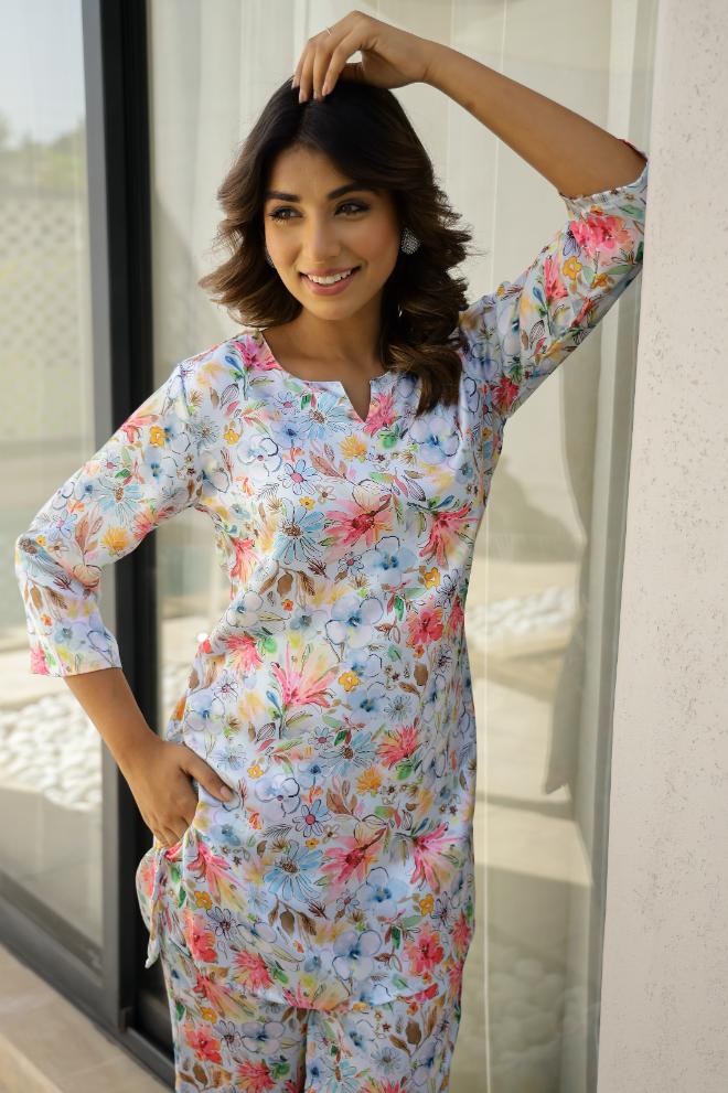 Stylera floral pajama set for women in vibrant colors with a stylish design
