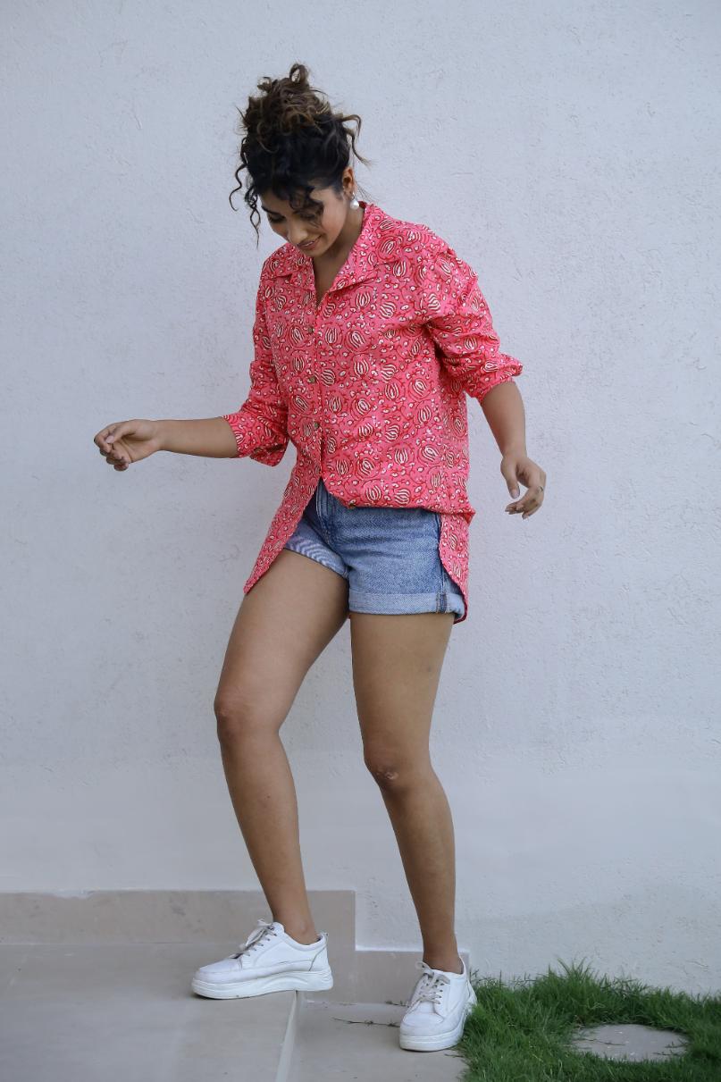 Stylera floral print casual shirt for women, perfect for summer styling with shorts
