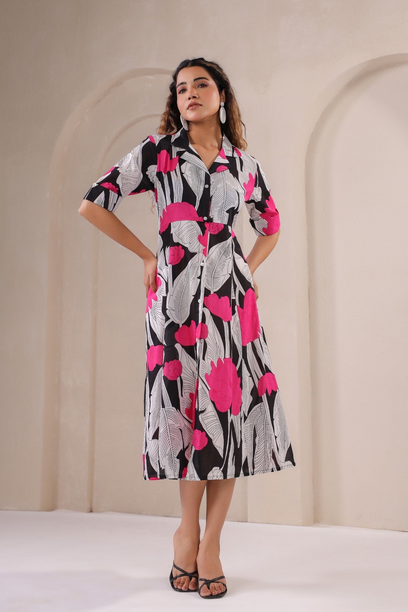 Stylera floral print midi dress featuring a vibrant design with a collared neckline and short sleeves
