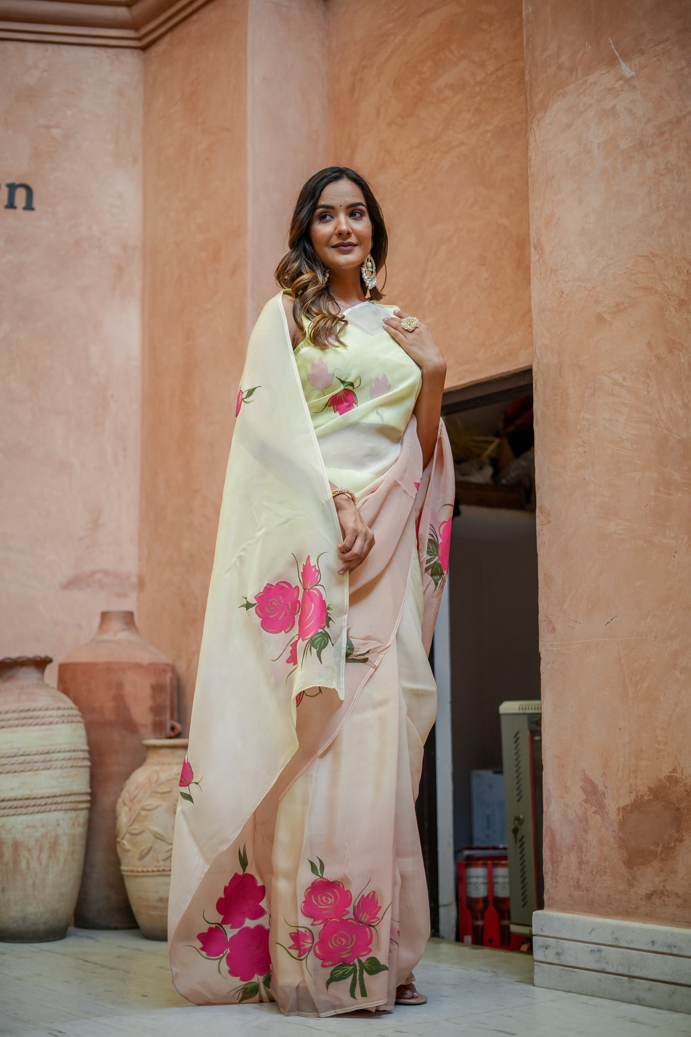 Elegant model wearing a Graceful Tints floral saree with pink roses and contrasting borders for special occasions