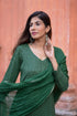 Elegant green three piece suit for women with detailed embroidery and matching dupatta by Stylera
